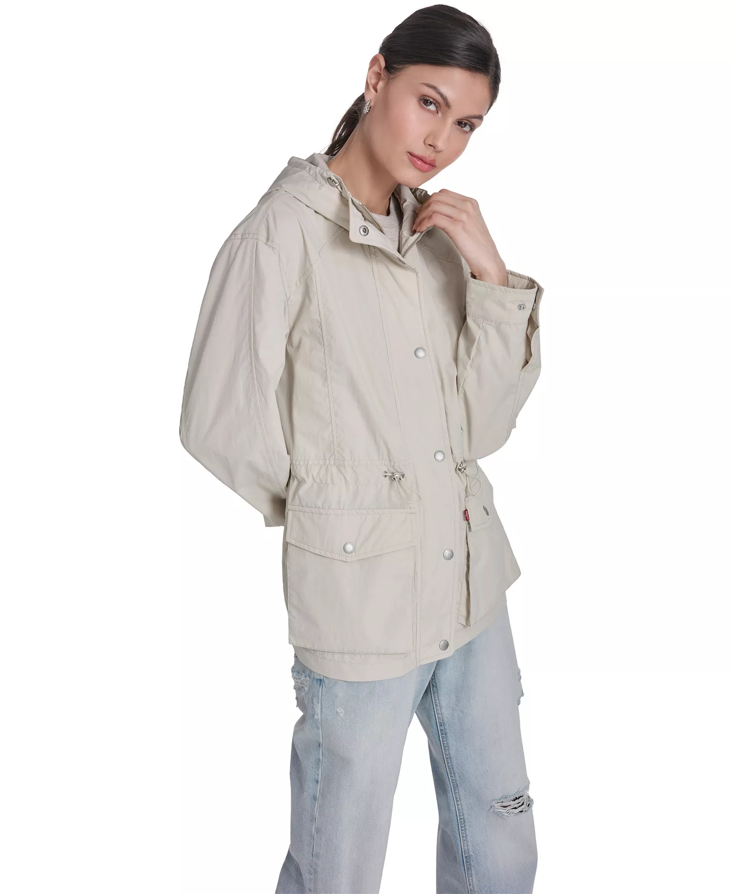 Women's Hooded Zipper and Button-Snap Jacket - Oatmeal - L