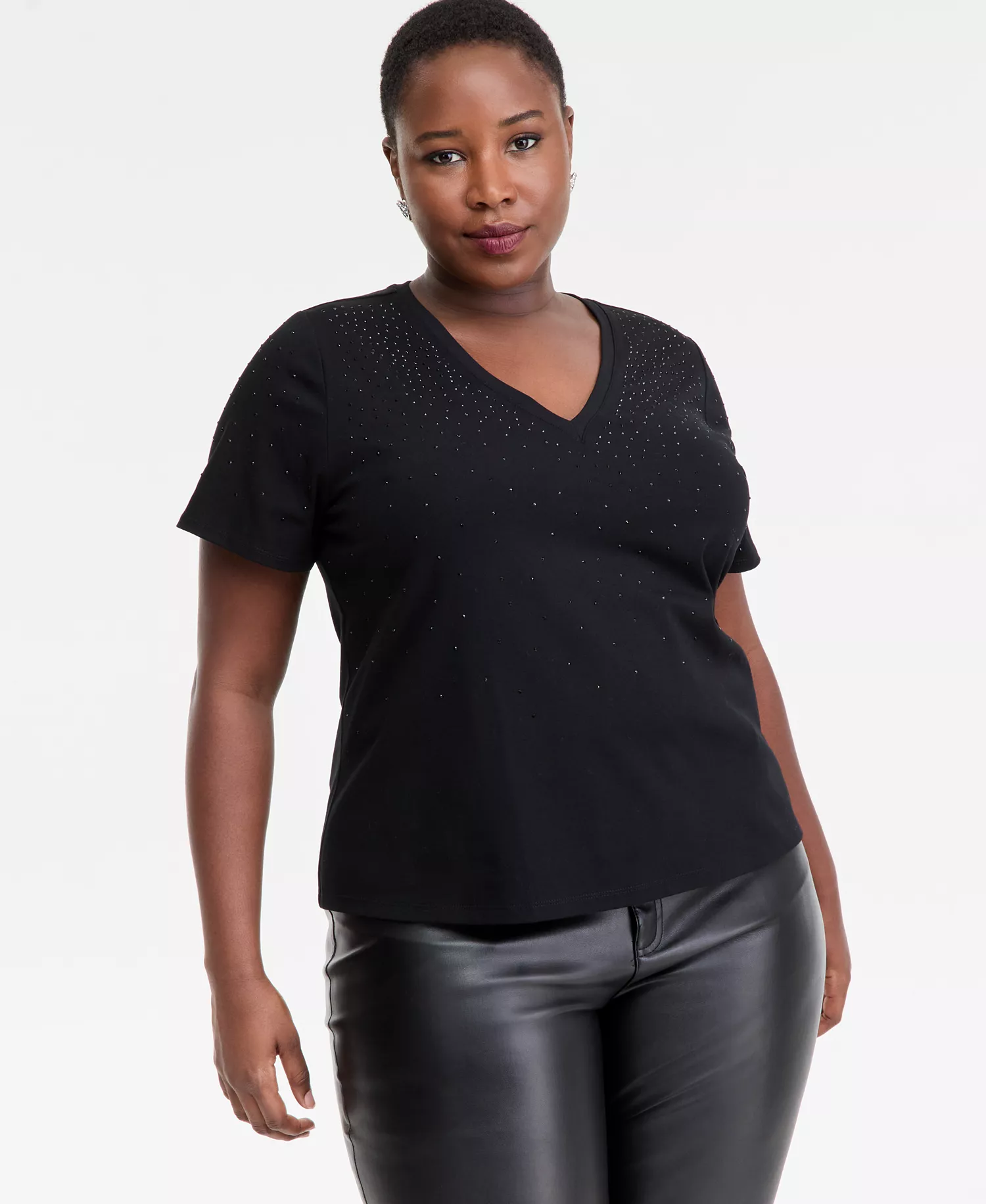 Plus Size V-Neck Rhinestone-Embellished Top, Macy's Exclusive - Deep Black - 0X