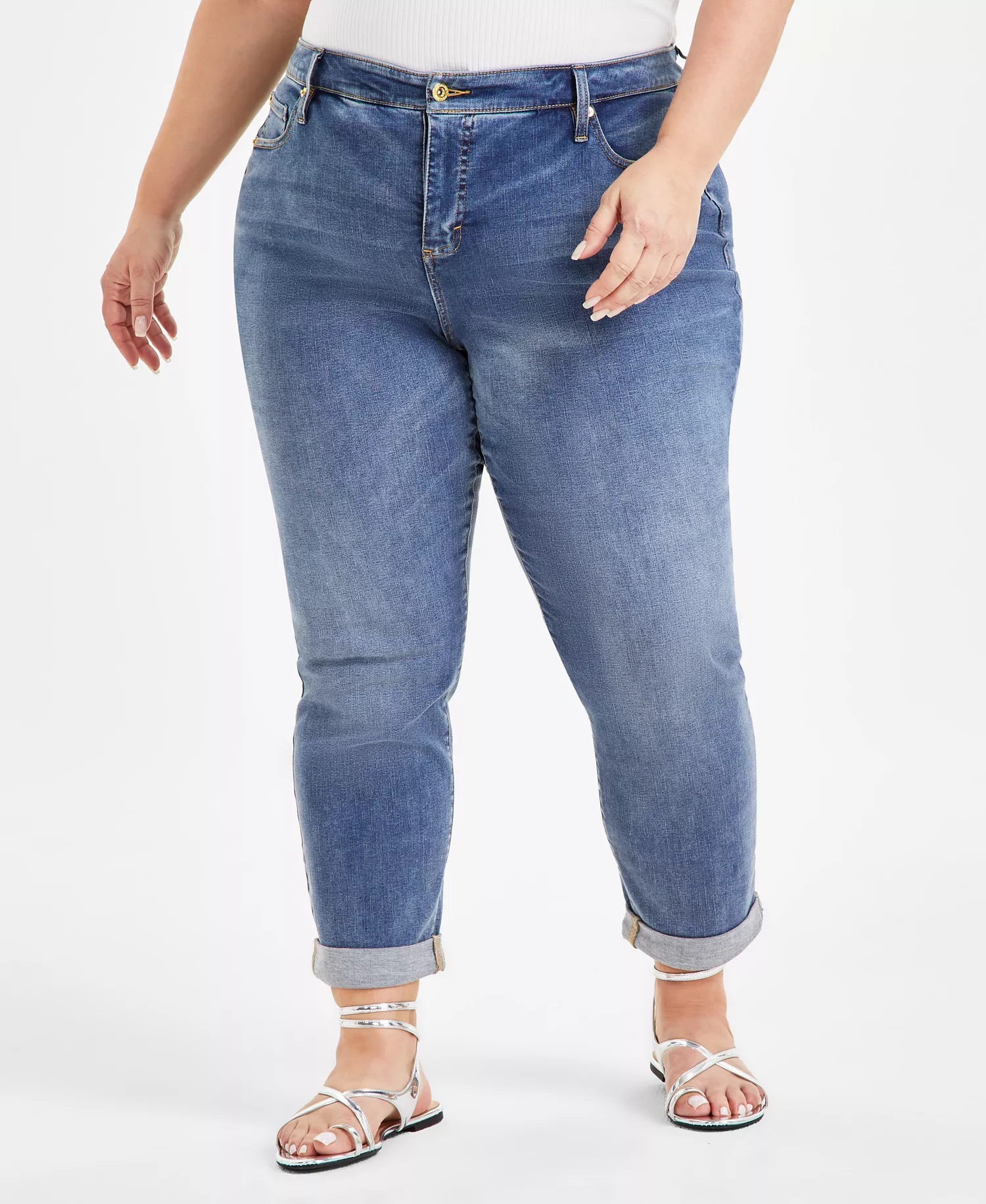 Plus Size Slim Tech Rolled-Cuff Boyfriend Jeans, Created for Macy's - Medium Indigo - 14W