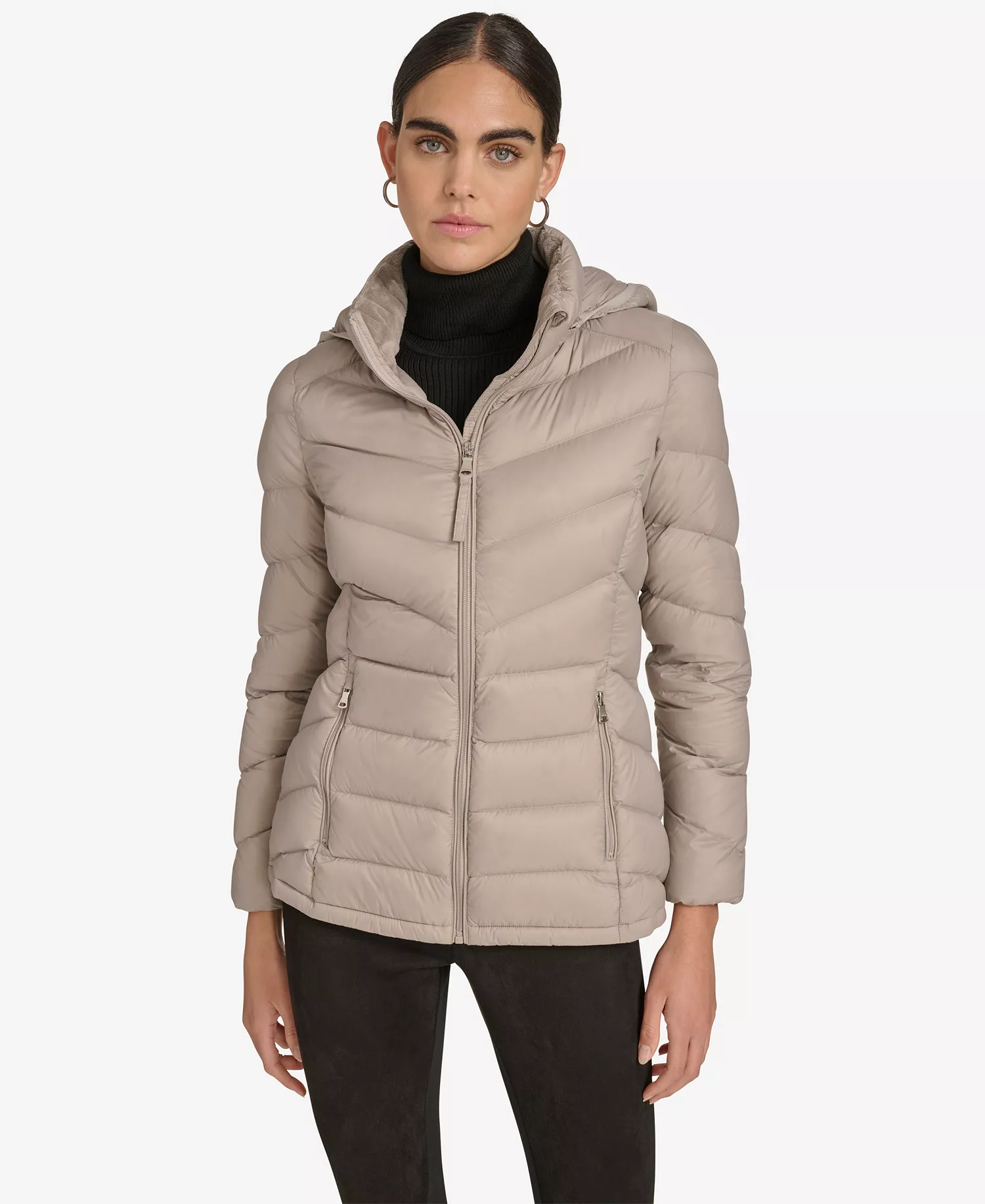 Women's Short Faux Fur Collar Puffer Jacket - Atmosphere - L