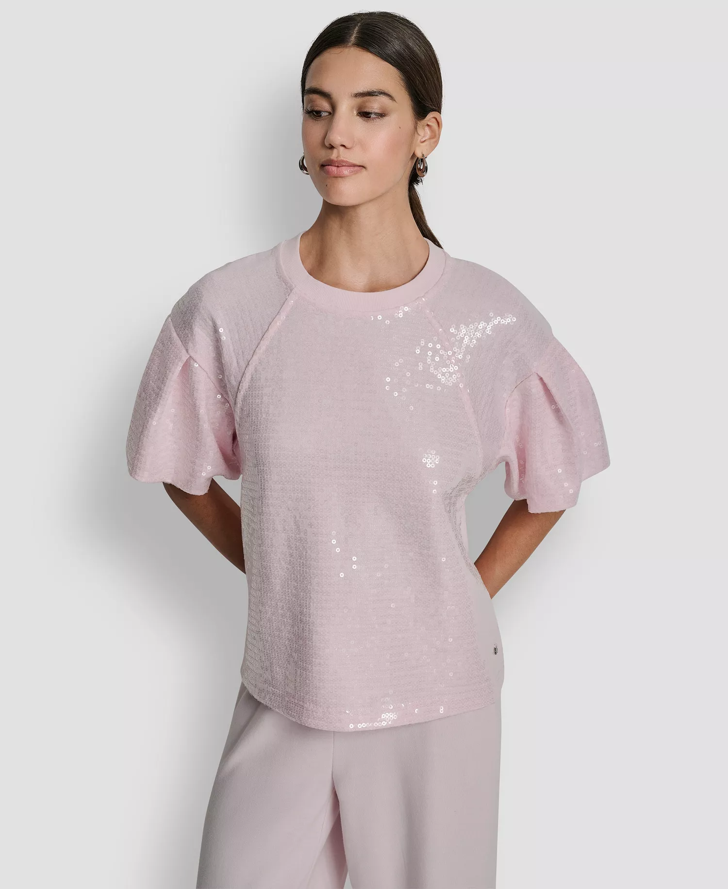 Women's Sequin Crew Neck Sweatshirt - Pink Moon - L