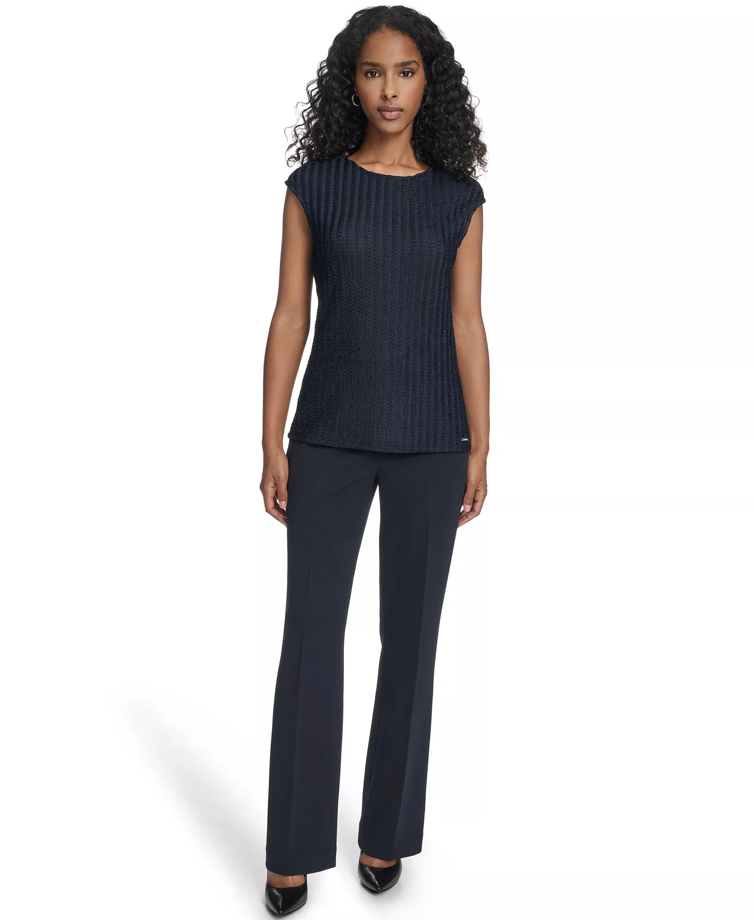 Women's Textured Cap Sleeve Top - Navy - L