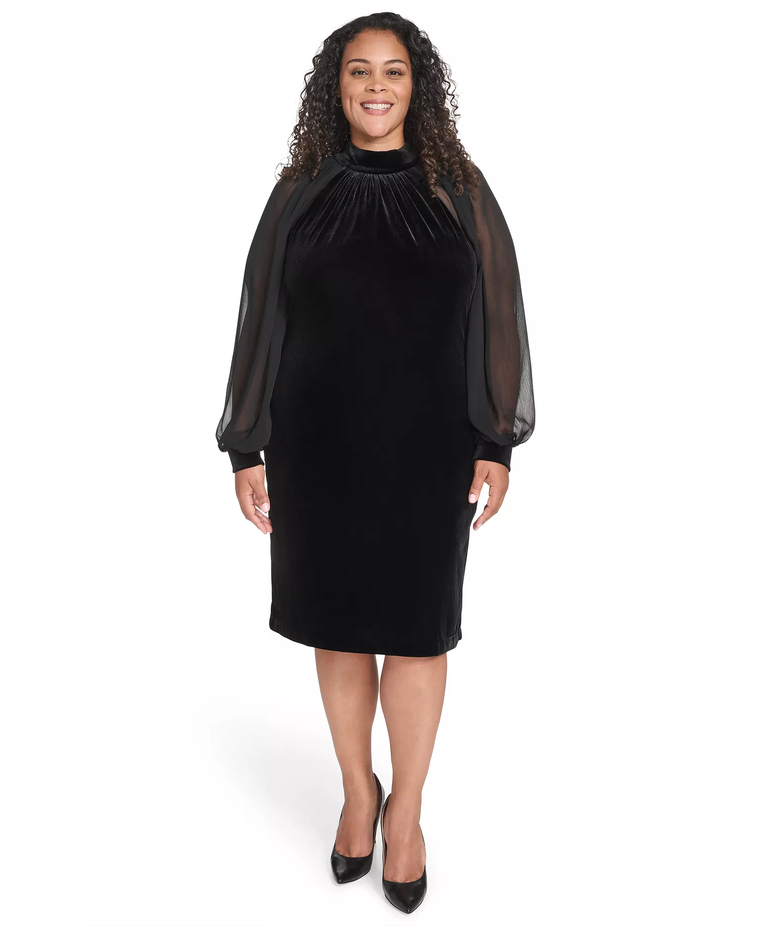 Plus Size Mock Neck Long Dress - Black - 18W
