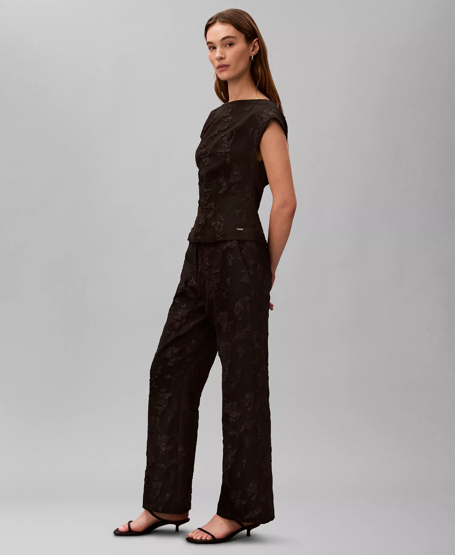 Women's Floral Straight Leg Pants - Black Floral Cutting Cloque Jacquard - 10