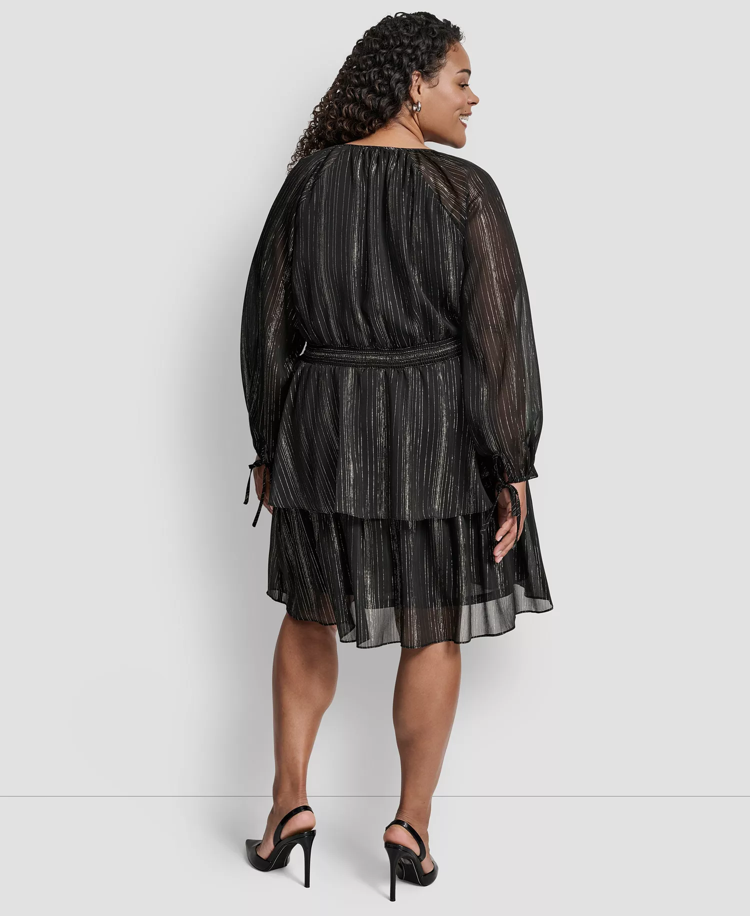 Plus Size Long Sleeve Jewel Neck Dress - Black/Silver - 14W