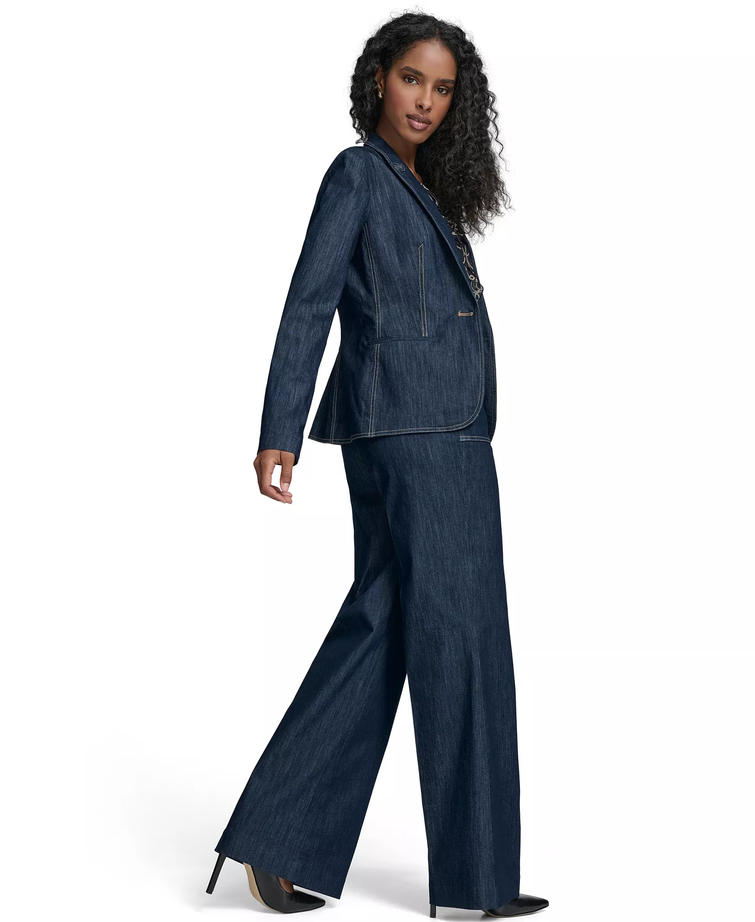 Women's One Button Denim Blazer - Navy - 0