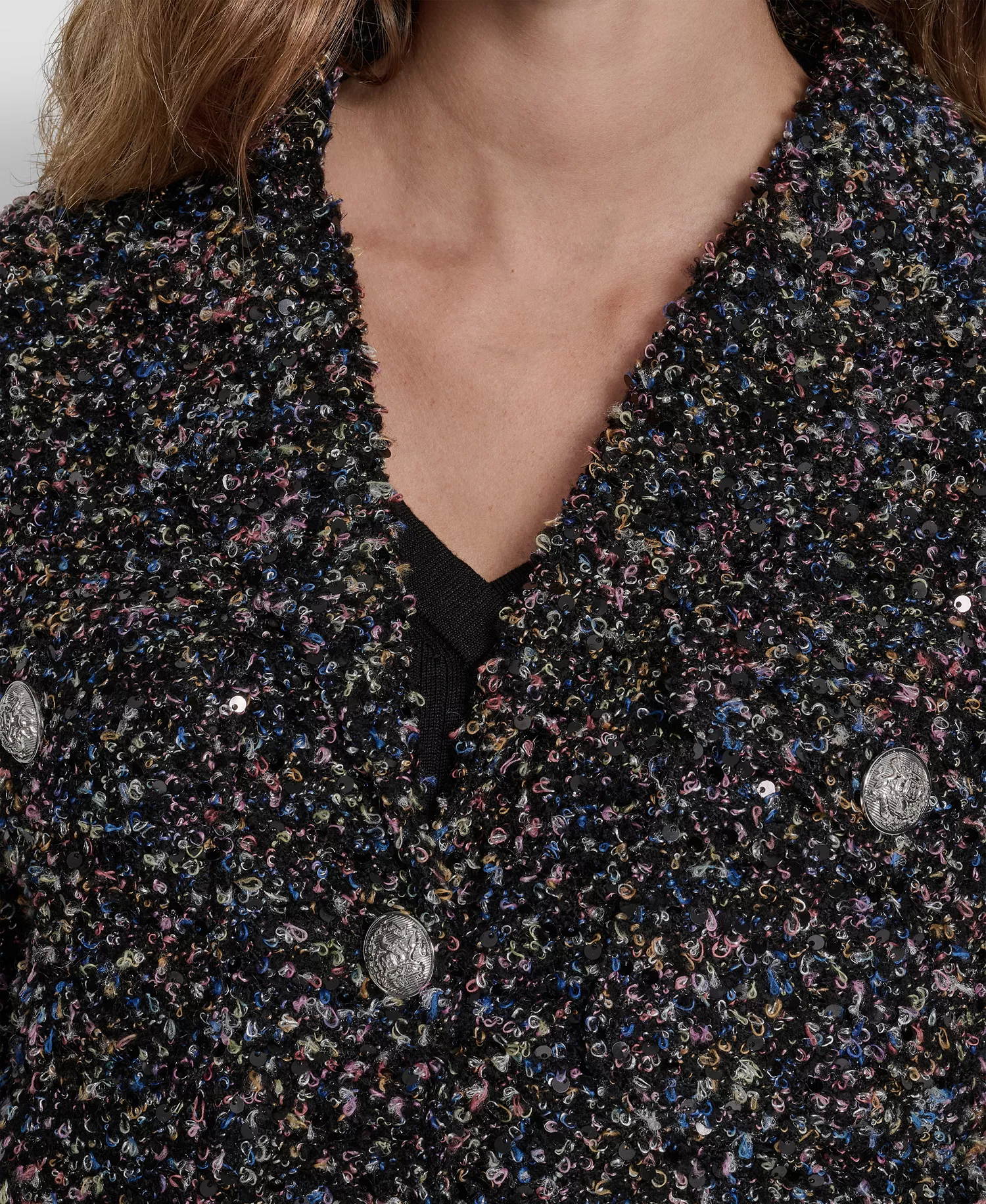 Women's Sequin Boucle Button -Front Jacket - Black/Shiny Silver - 0