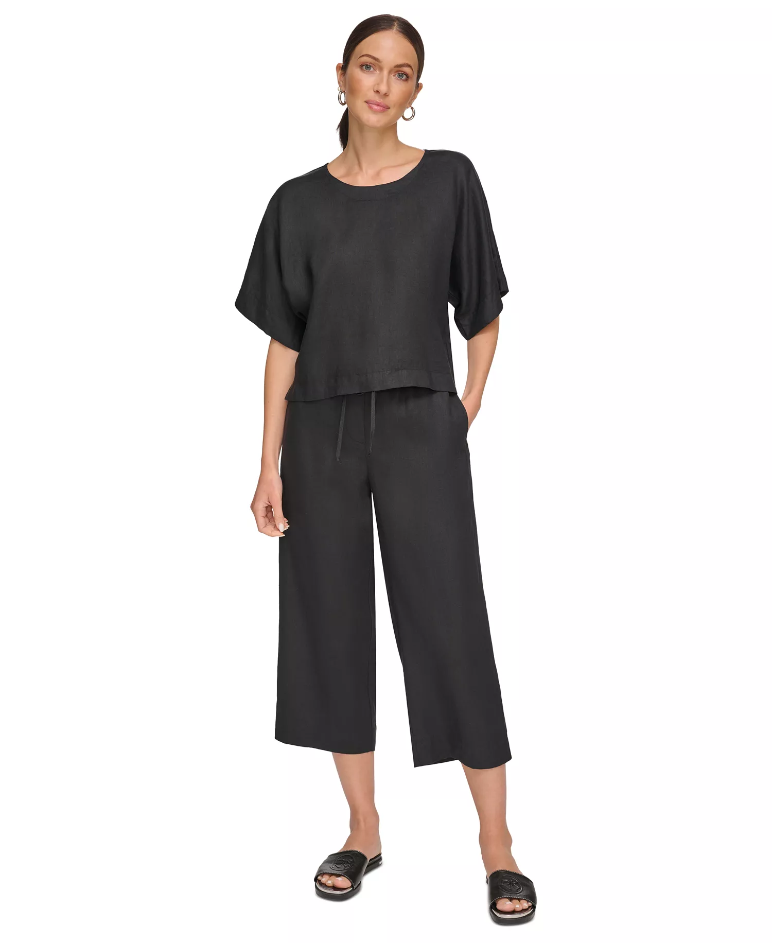 Linen Drop Shoulder Short Sleeve Top - Black - L