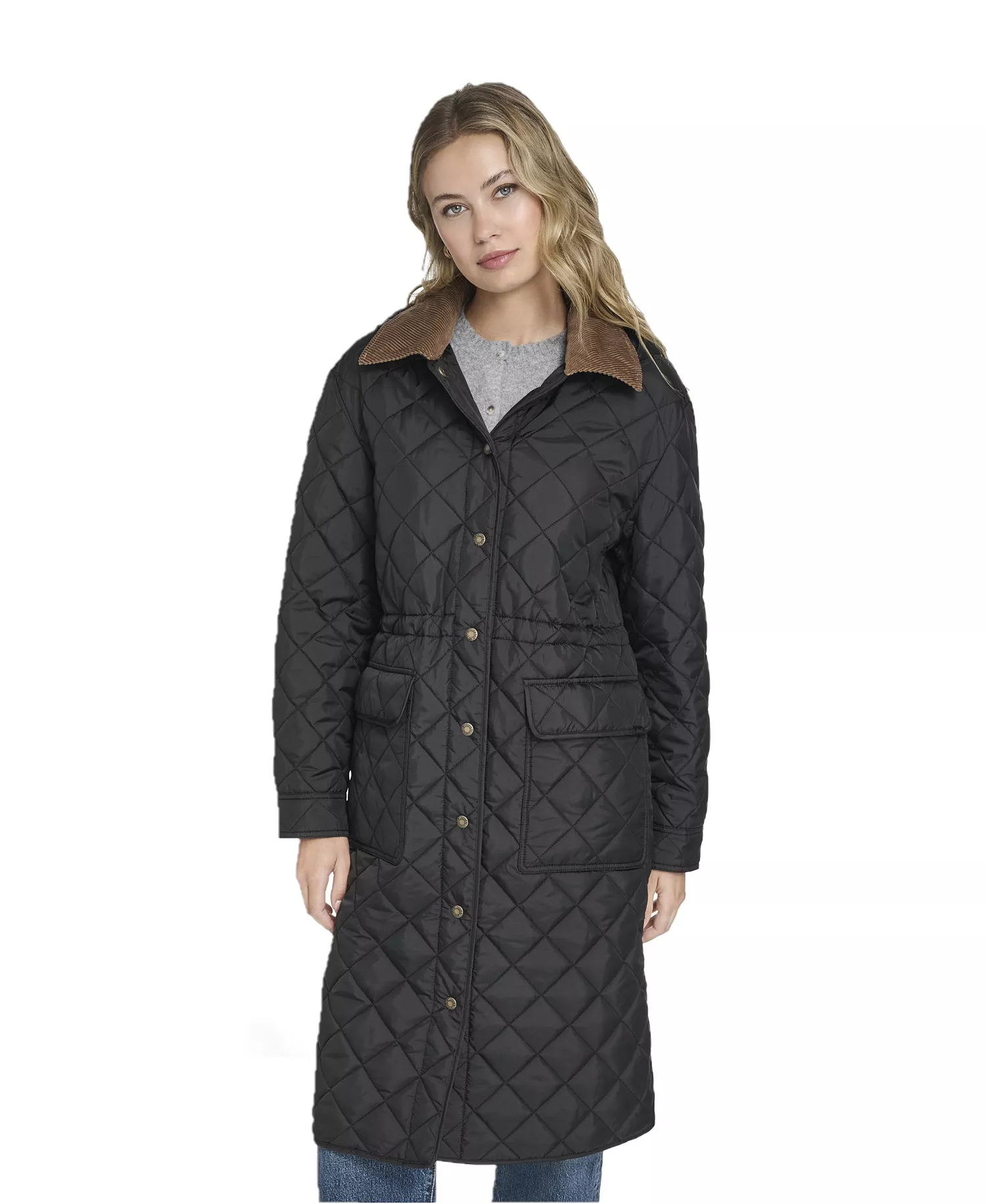 Women's Regular Diamond Quilted Cinch Waist Coat - Black - L