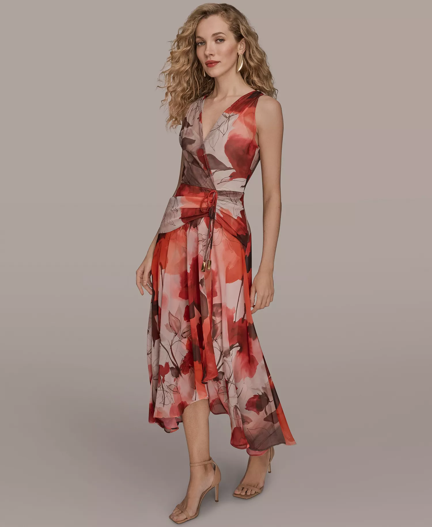 Women's Faux Wrap Floral A-Line Midi Dress - Pink - 10