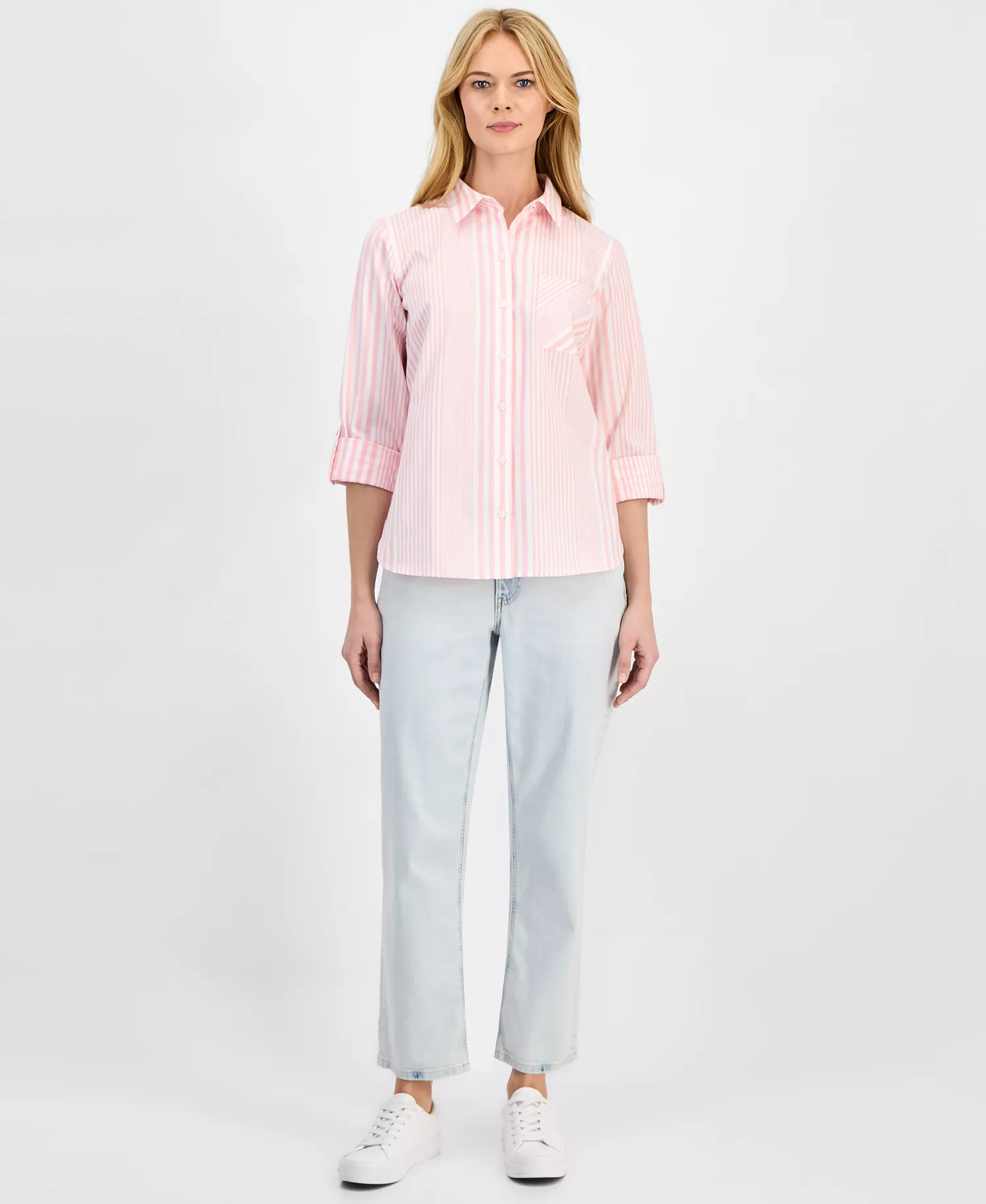 Nautica Women's Springfield Stripe Roll-Tab Shirt - Aster Pink Multi - L