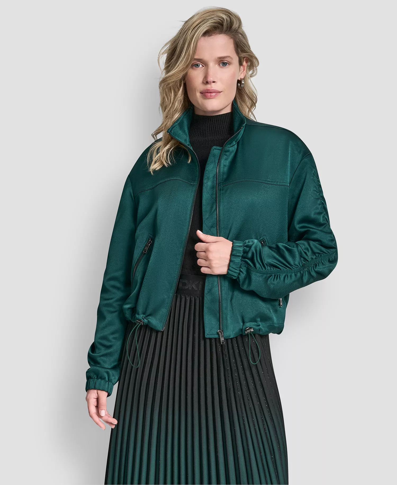 Women's Mock Neck Ruched Cropped Bomber Jacket - Atlantic Green - L