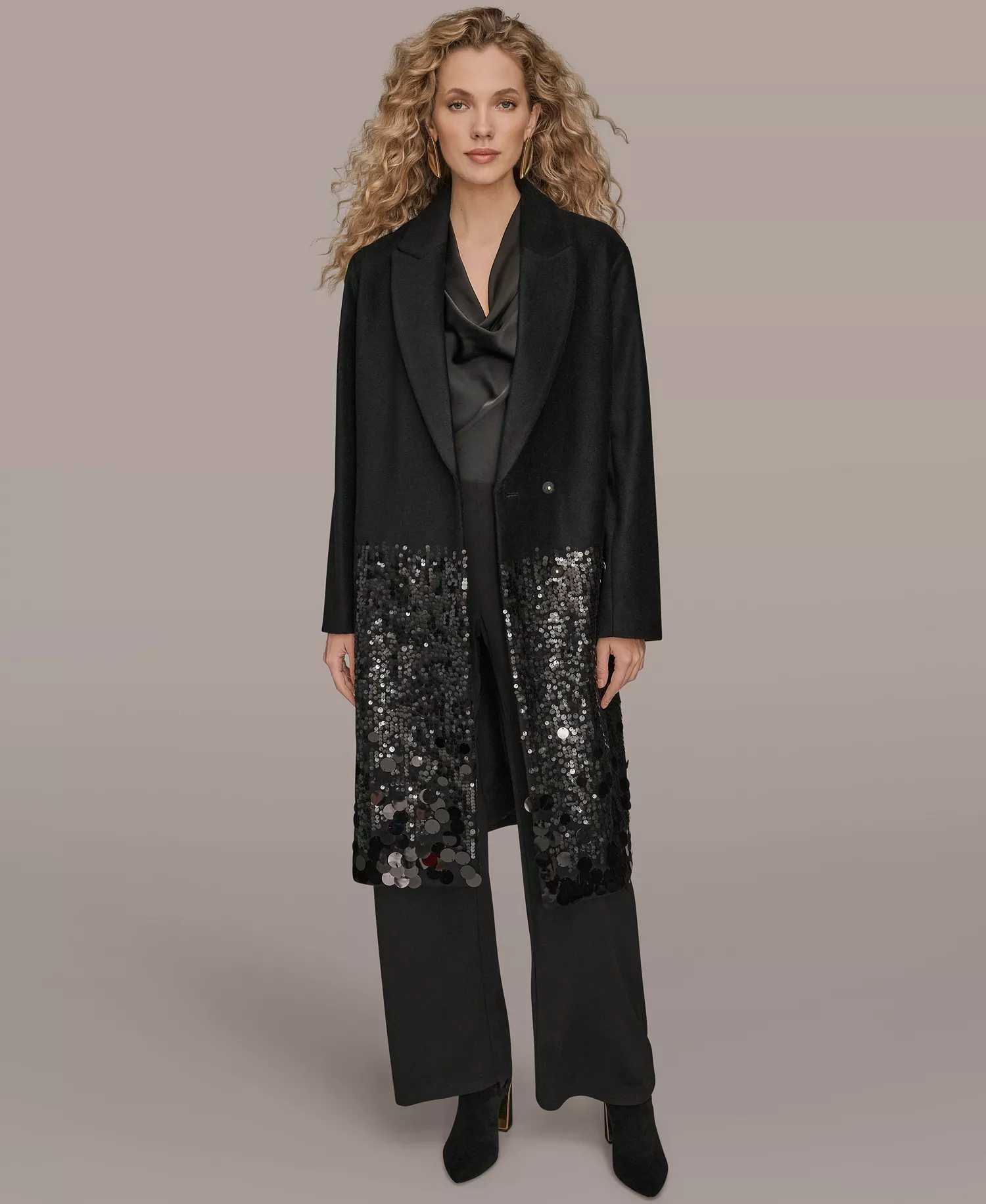 Women's Snap Closure Sequin Embellished Coat - Black - L