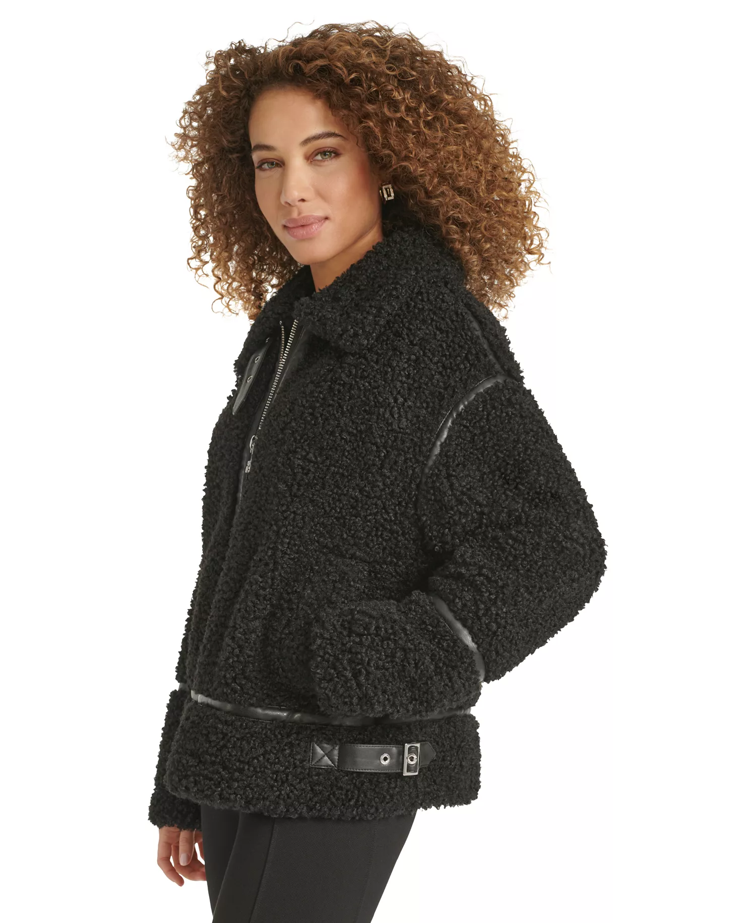 Women's Faux-Leather-Trim Teddy Moto Coat - Black - L