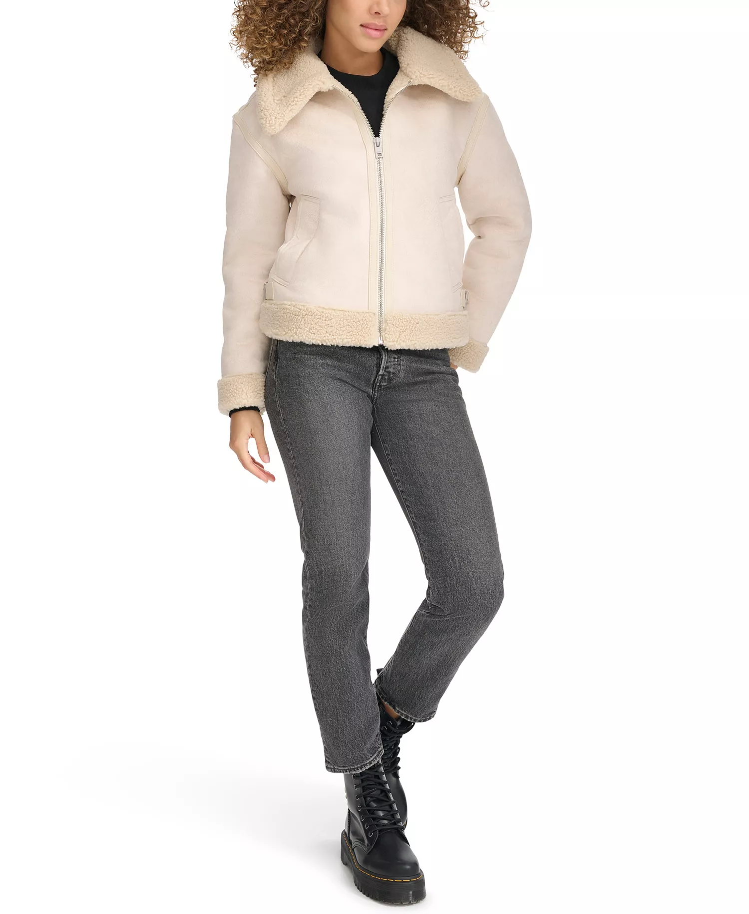Women's Faux Shearling Aviator Jacket - Almond Milk - L