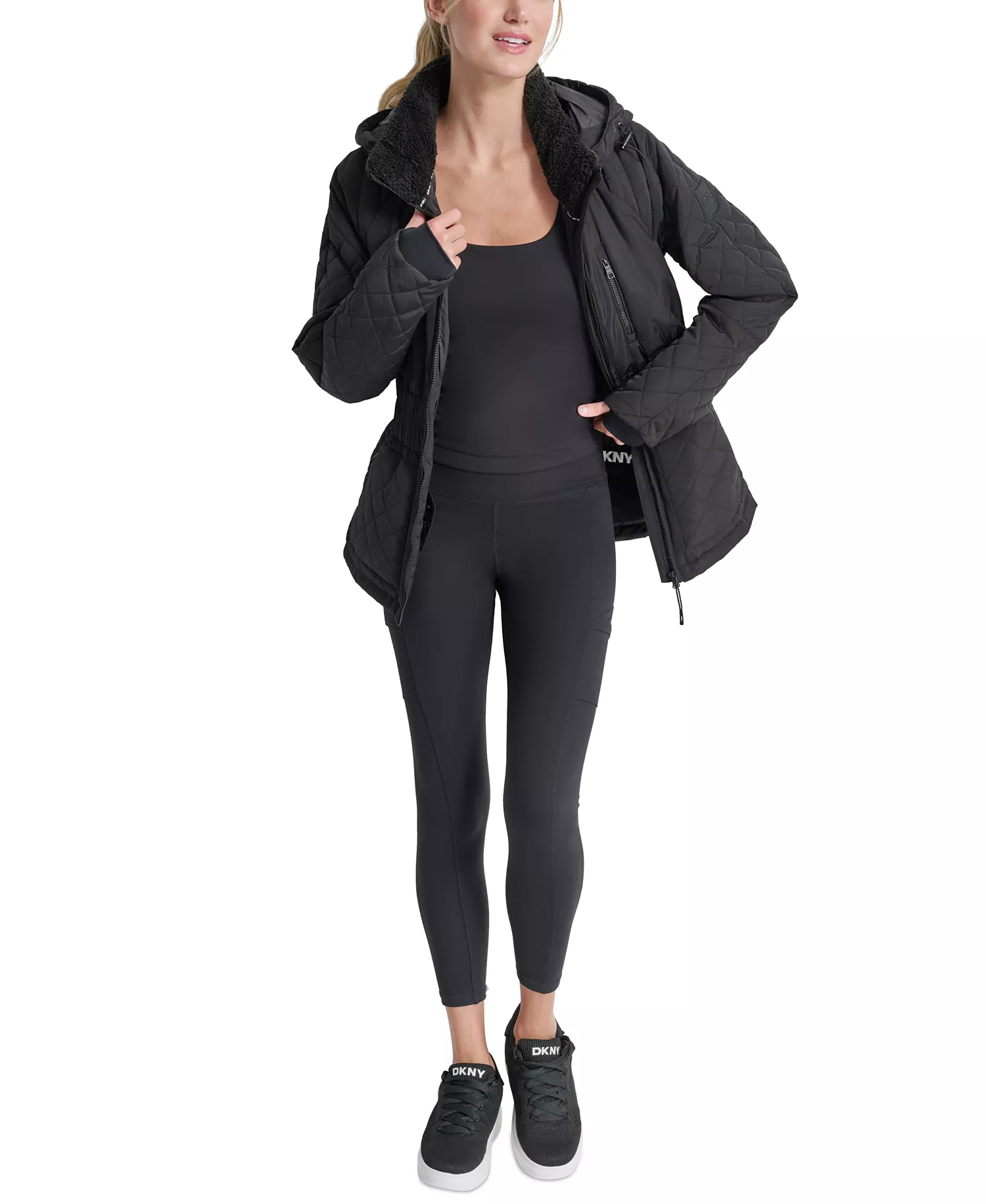 Women's Quilted Elastic-Waist Hooded Zipper Jacket - Black - L