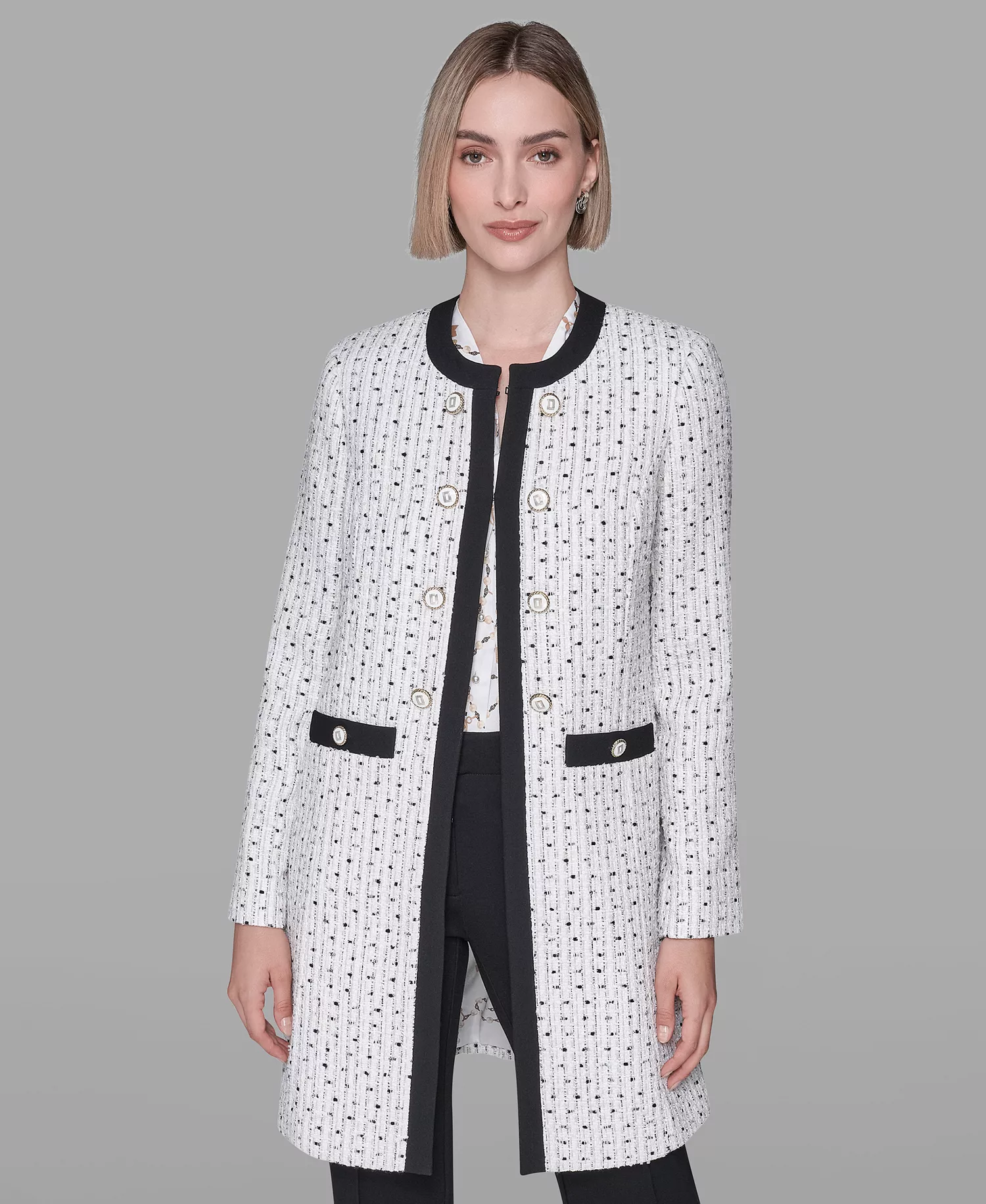 Women's Round Neck Hook & Eye Front Topper Jacket - Natural Multi - 0