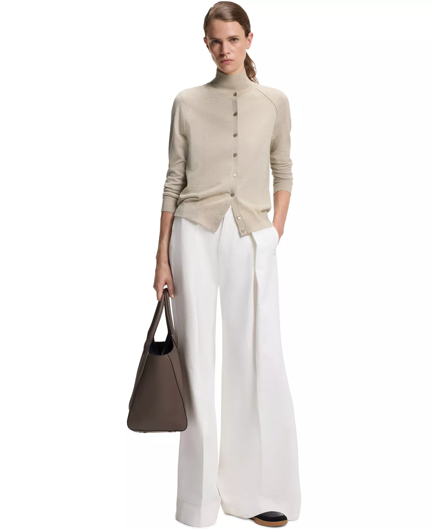 BOSS by Women's Extra-Fine Merino Wool Button-Up Cardigan Sweater - Open White - L