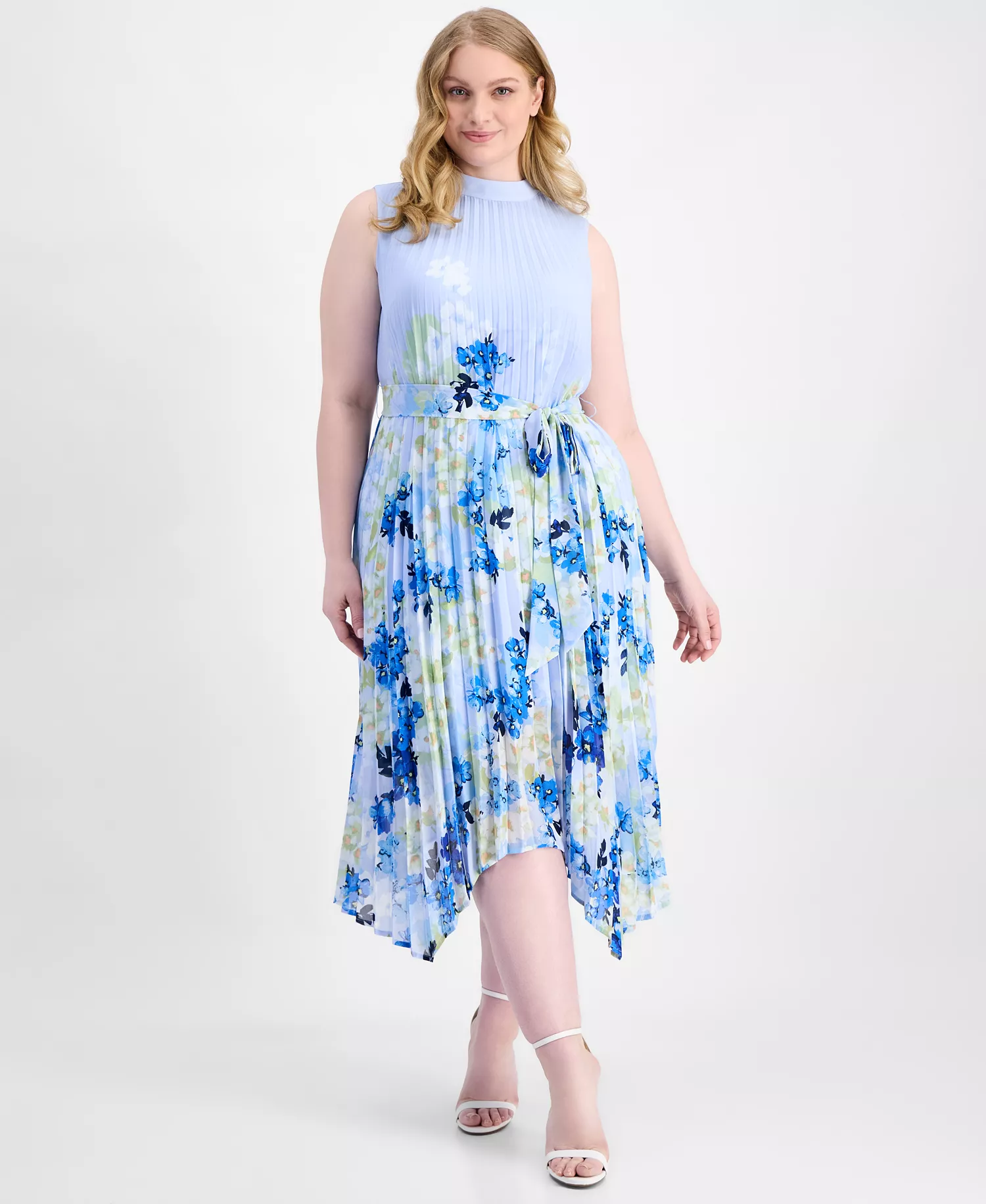Plus Size Printed Pleated Sleeveless Midi Dress - Ivory/Blue - 14W