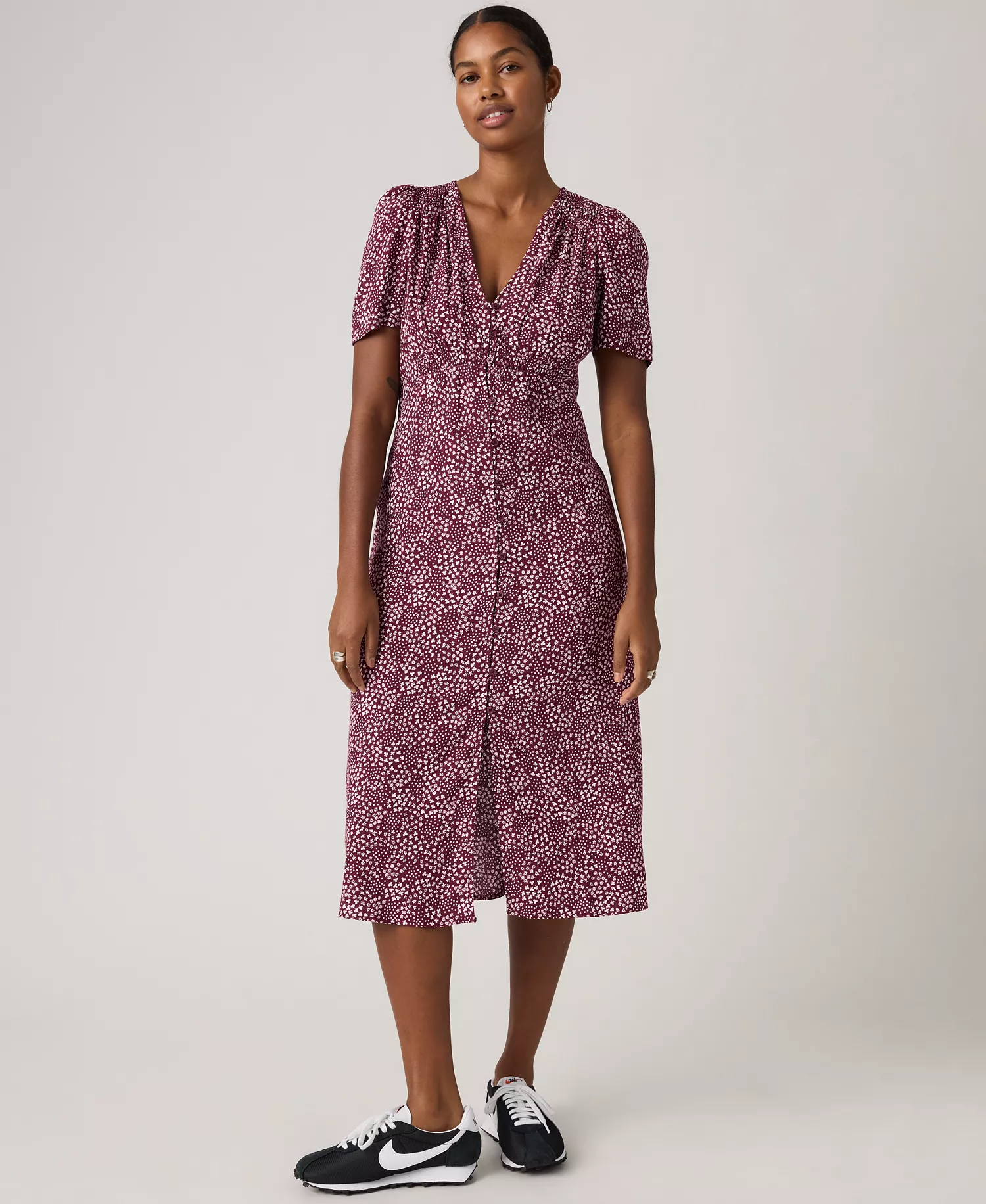 Women's Paola Short-Sleeve Crepe Midi Dress - Connie Ditsy Dot Tawny Port - L