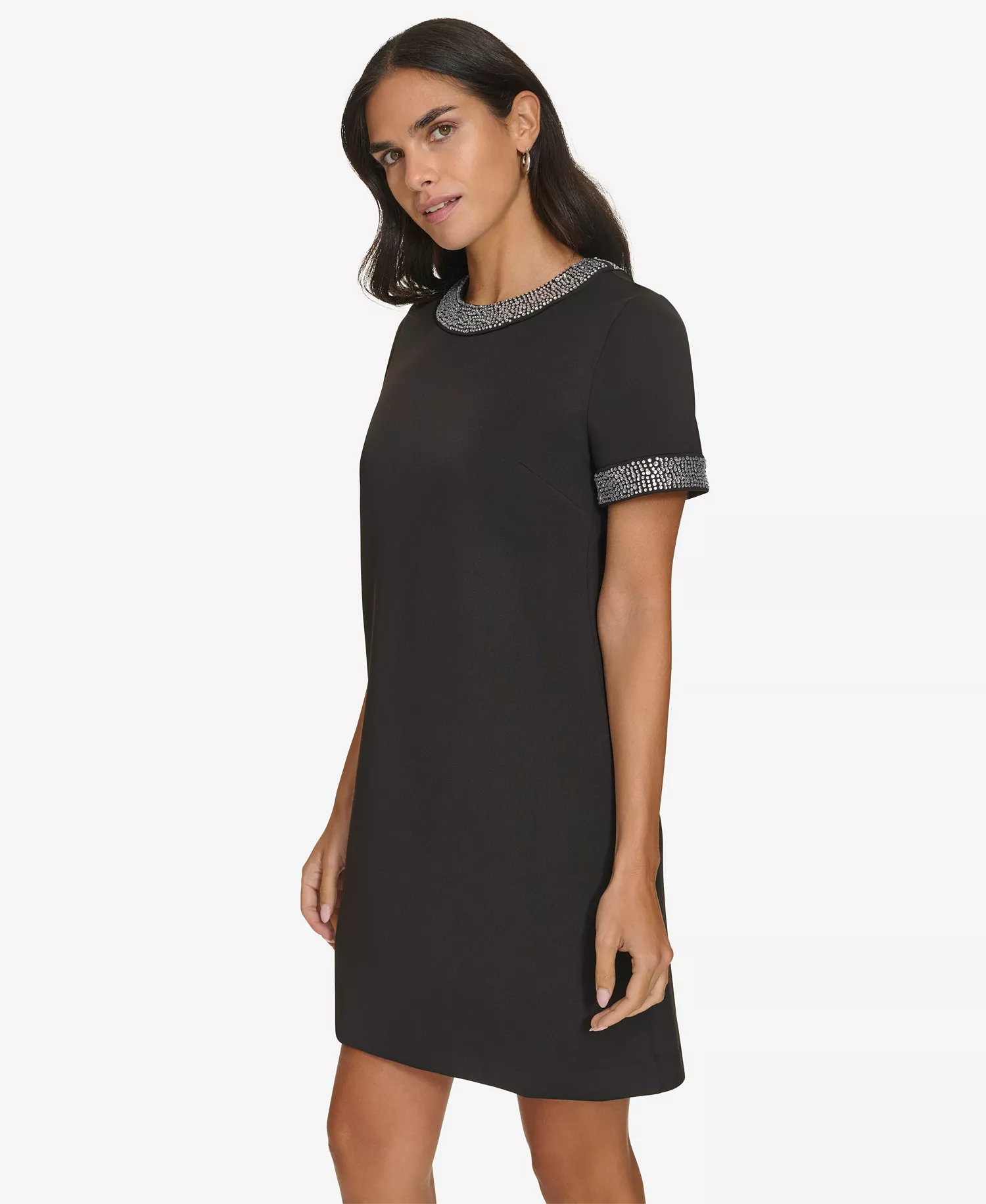 Women's Short Sleeve Bling Trim Shift Dress - Black - 6