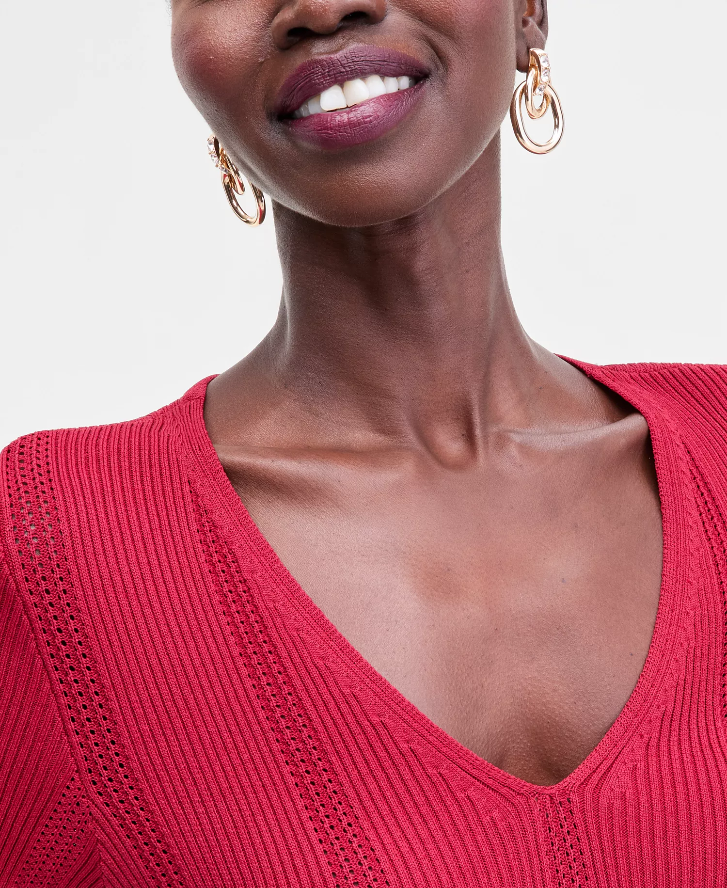 Women's Short-Sleeve V-Neck Pointelle Rib Knit Sweater, Macy's Exclusive - Bright Crimson - L