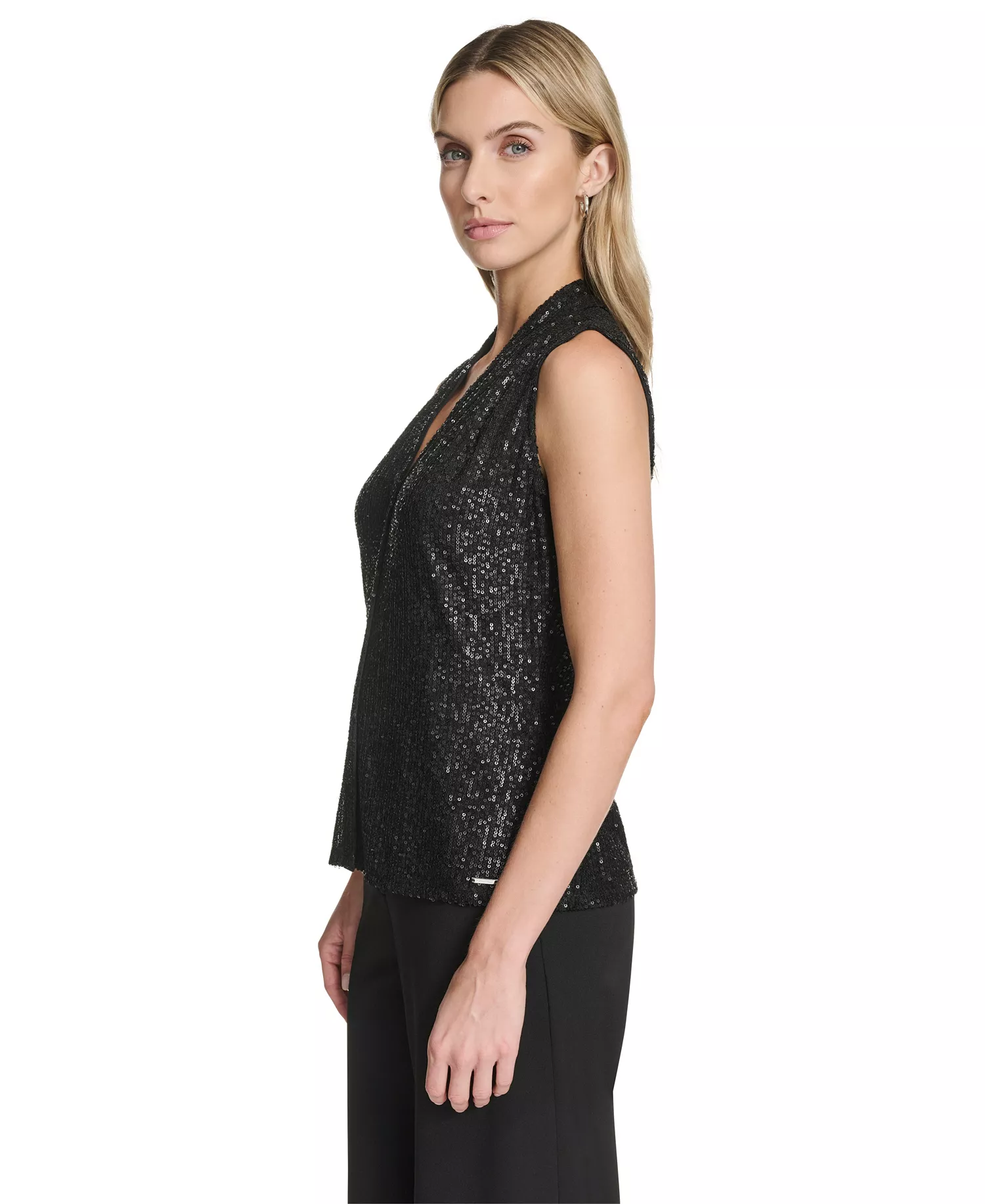 Women's Sequin Detail V-Neck Blouse - Black - L