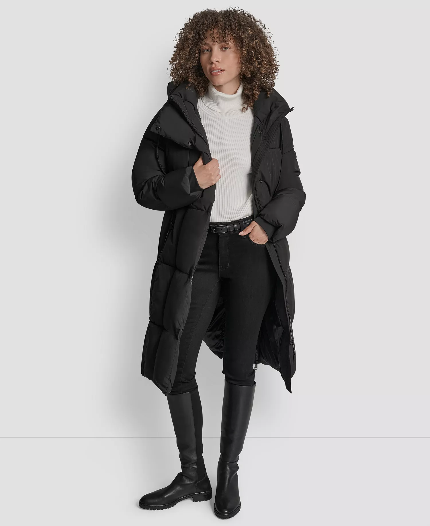 Women's Zip-Front Stand Collar Coat - Black - L