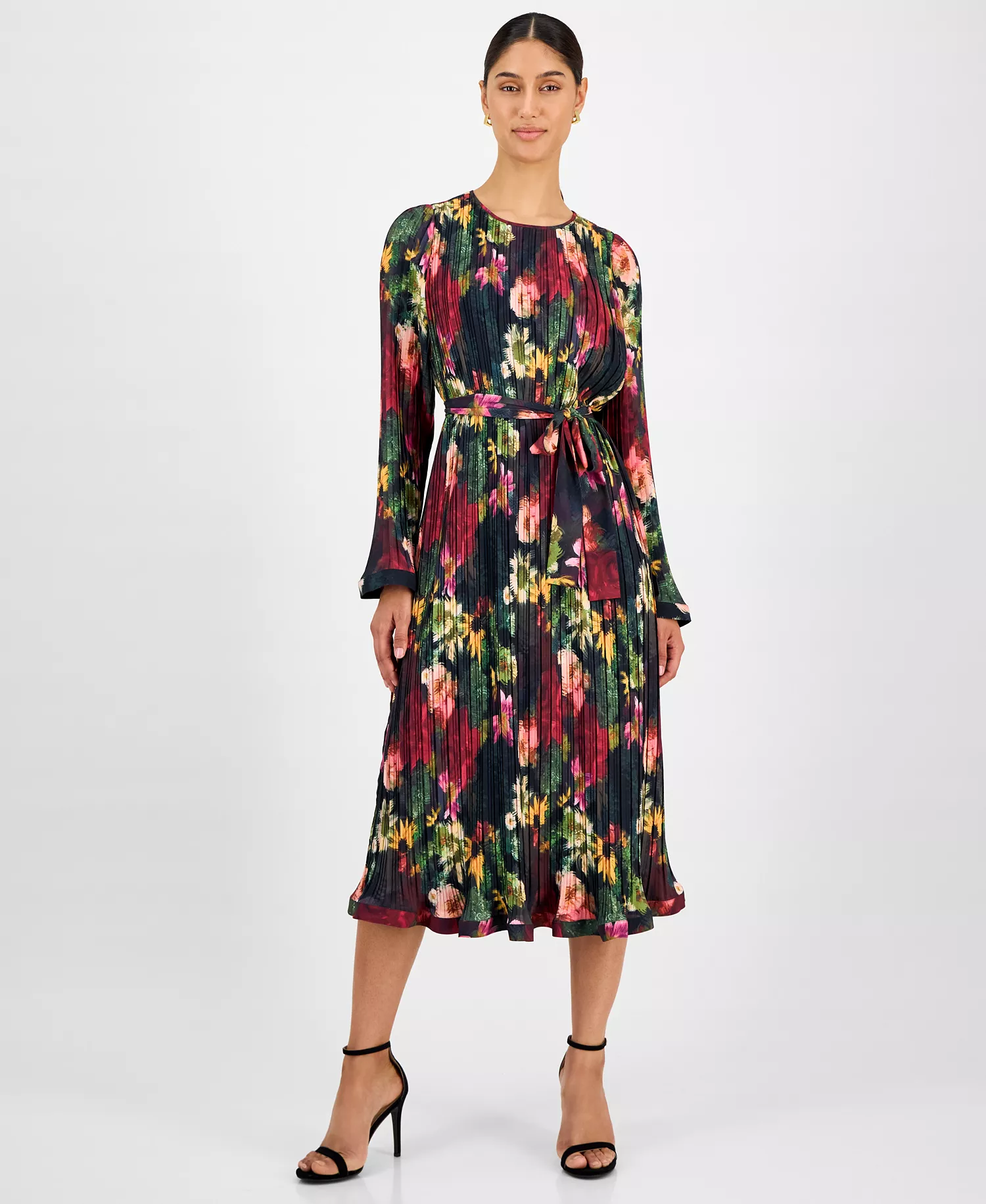 Women's Floral-Print Pleated Midi Dress - Midnight Garden - XS