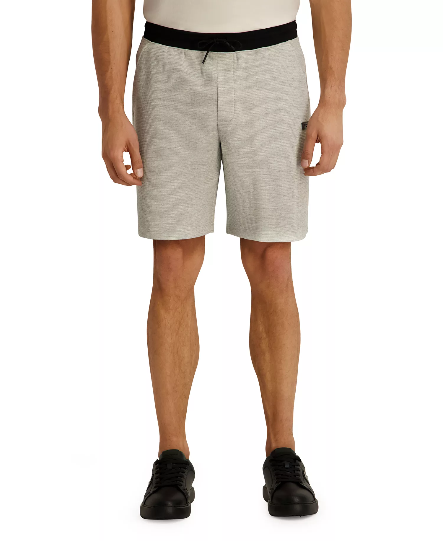 Men's Striped Waffle Drawstring Short with Leather Logo Patch - Gray Heather - 2XL