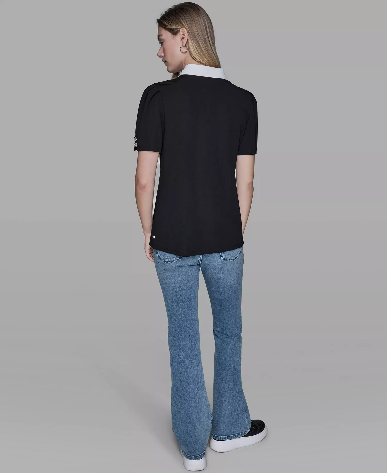 Women's Short-Sleeve Button-Front Top - Black - L