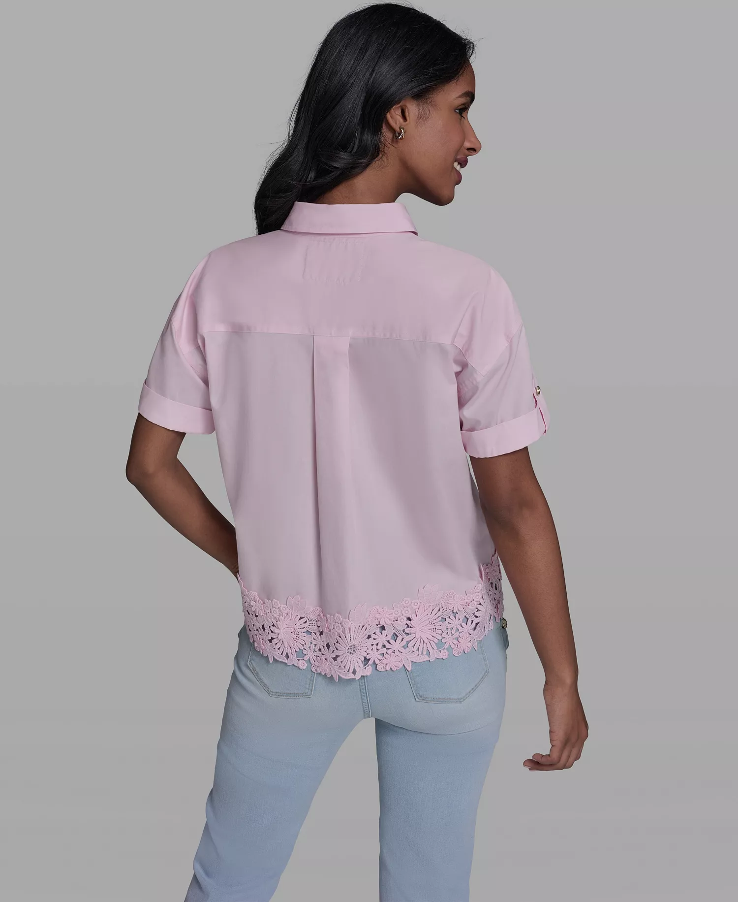 Women's Collared Lace-Trimmed Short-Sleeve Blouse - Ballet Slipper - L