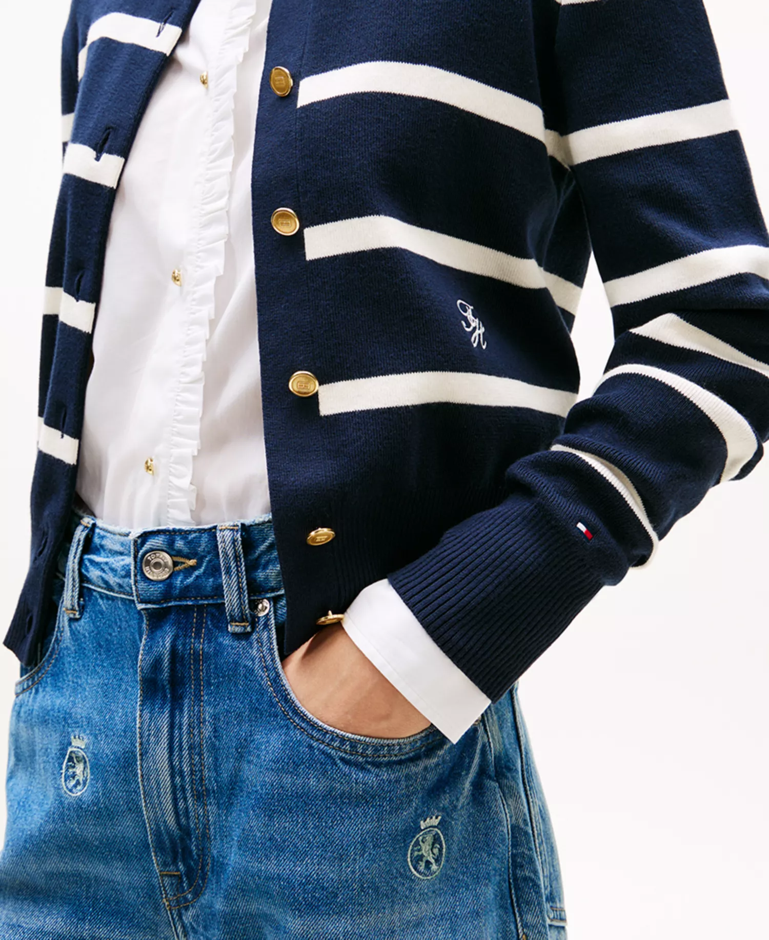 Women's Monogram Script Striped Cardigan - Big Stp Dark Night / Ivory Petal - L