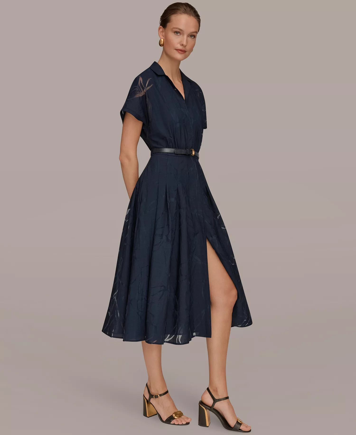 Women's Floral Belted Midi Shirt Dress - Nightfall - 10