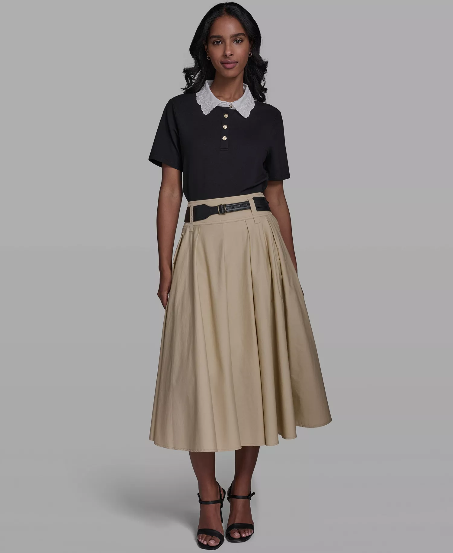 Women's Collared Short-Sleeve Blouse Top - Black - L