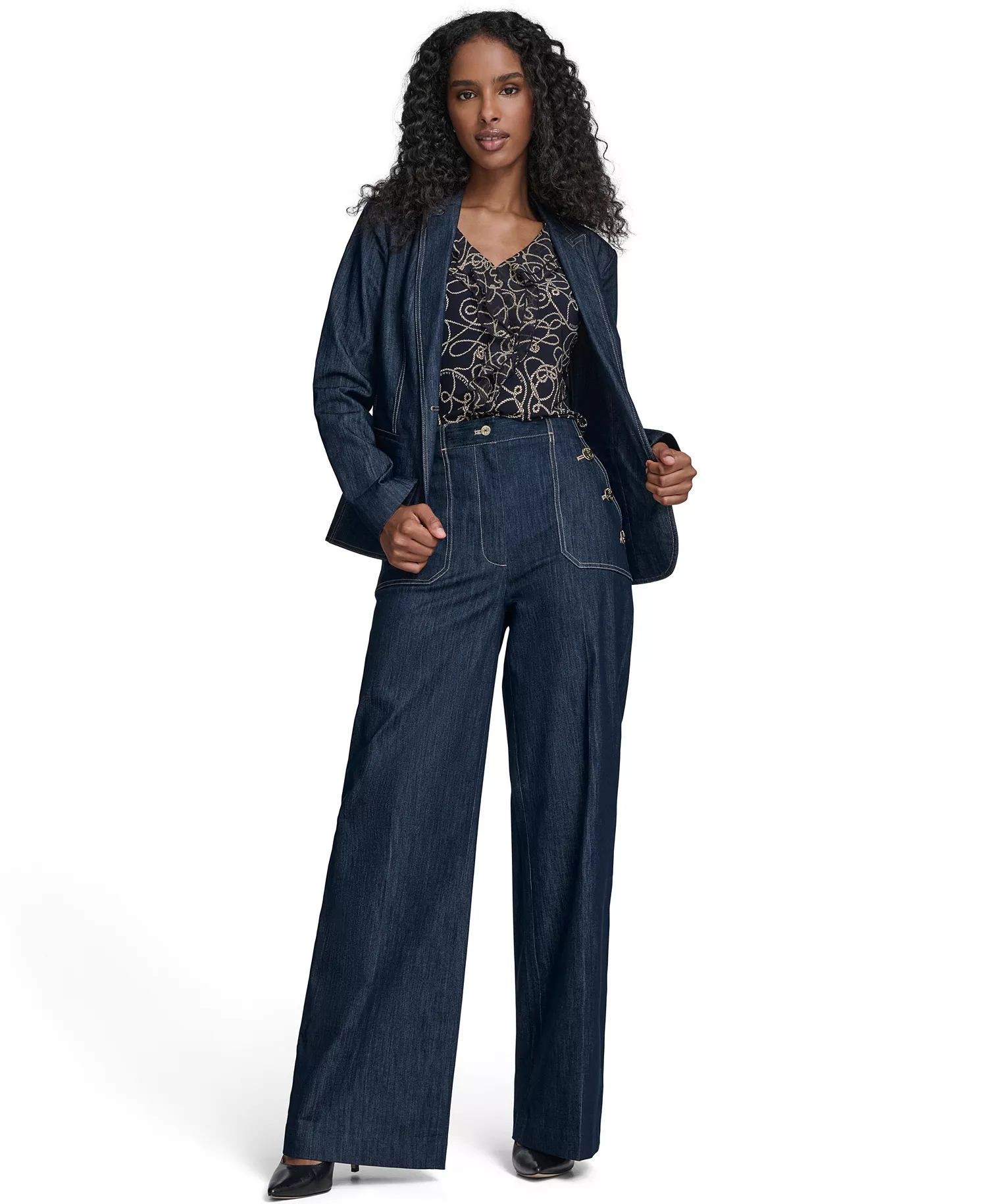Women's One Button Denim Blazer - Navy - 0