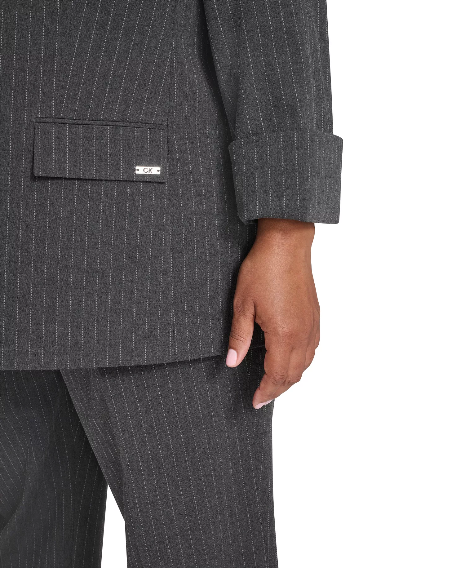 Plus Size Pinstripe Long Sleeve Blazer - Heather Charcoal Multi - 14W