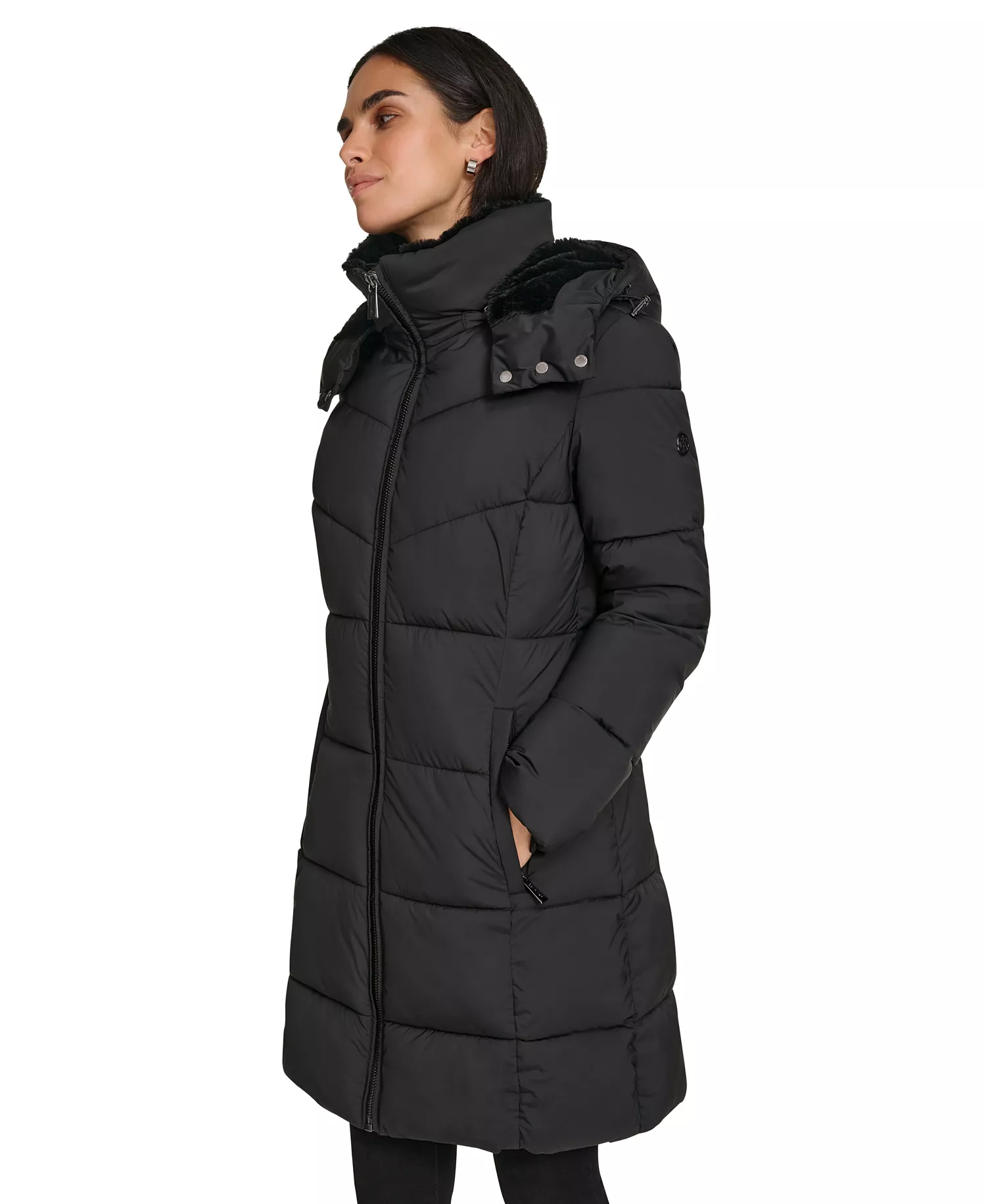Women's Hooded Faux-Fur-Lined Midi Puffer Coat - Black - L