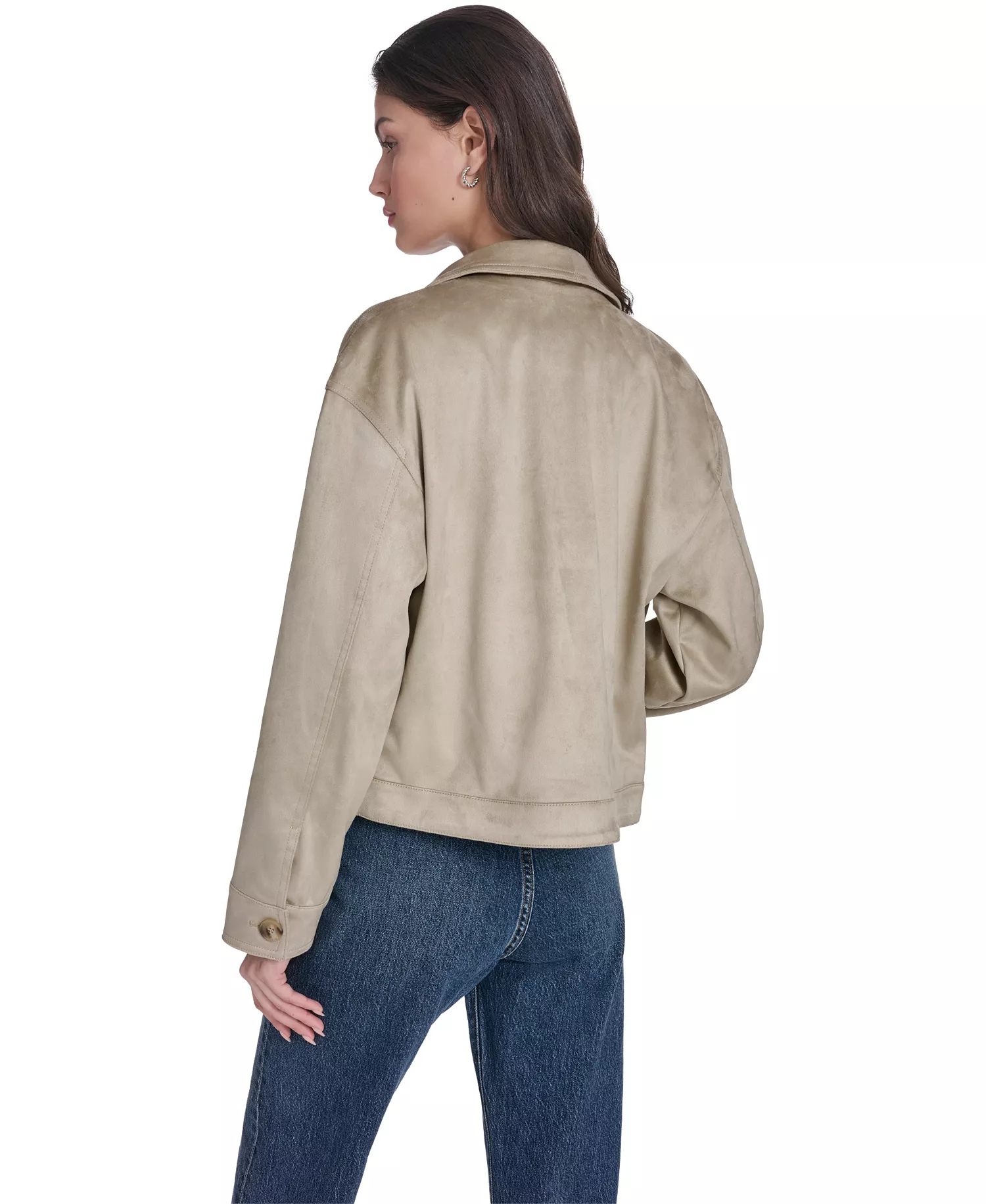 Women's Laydown Collar Front-Button Jacket - Beige - L