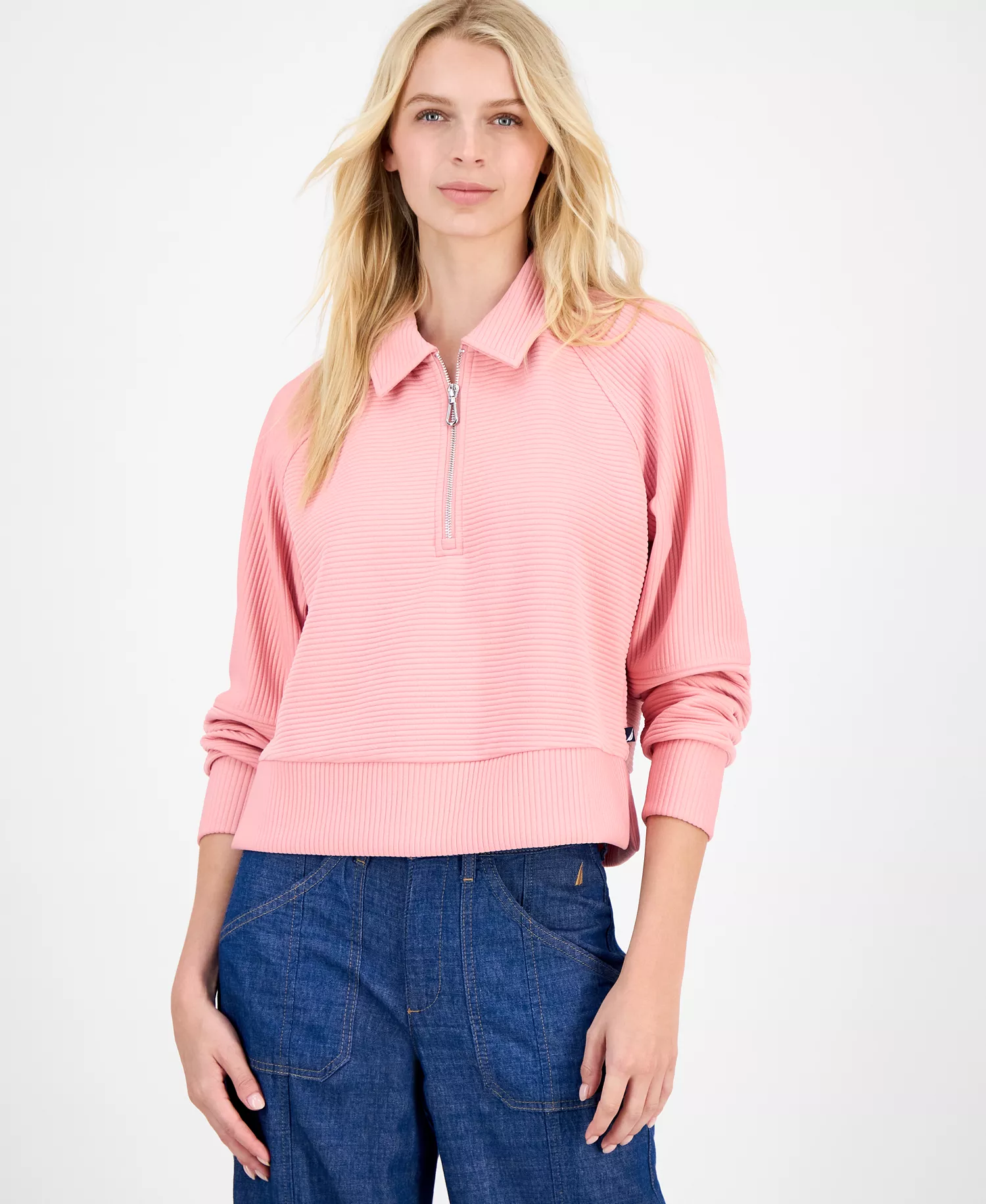 Nautica Women's Quarter Zip Ottoman Sweatshirt - Bridal Rose - L