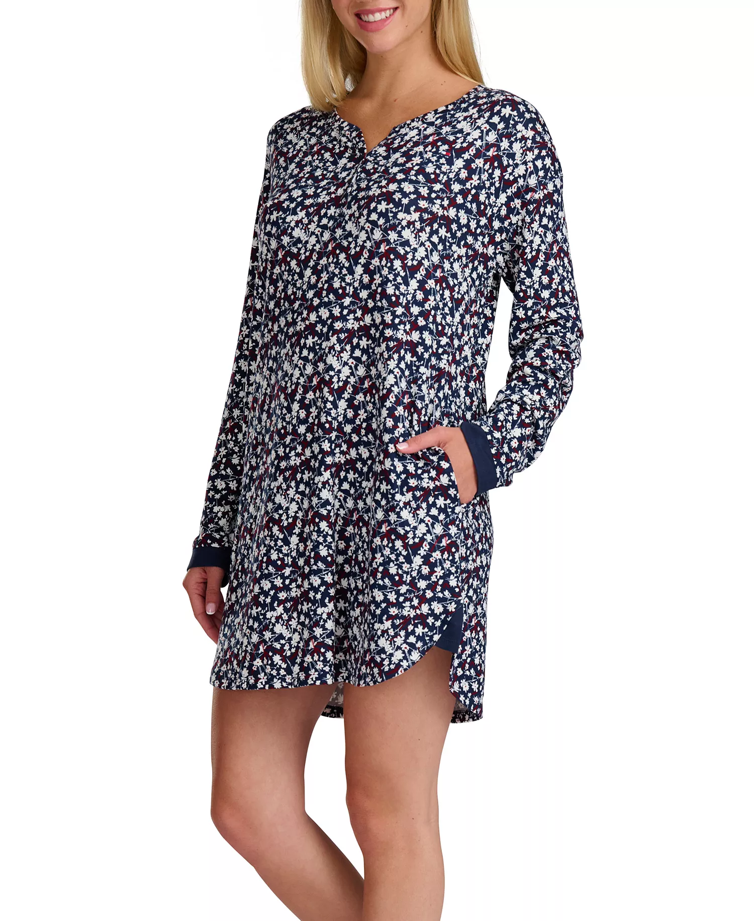 Women's Long Sleeve Henley Sleepshirt - Sky Captain Floral - L