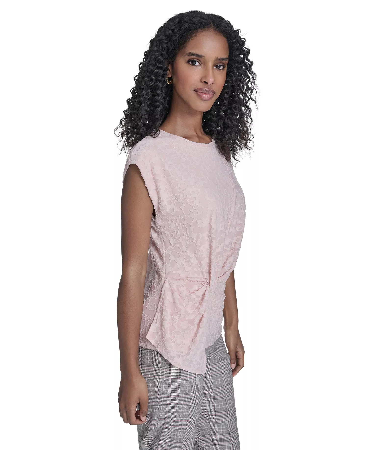 Women's Floral Clip Draped Crewneck Top - Evening Sand - L