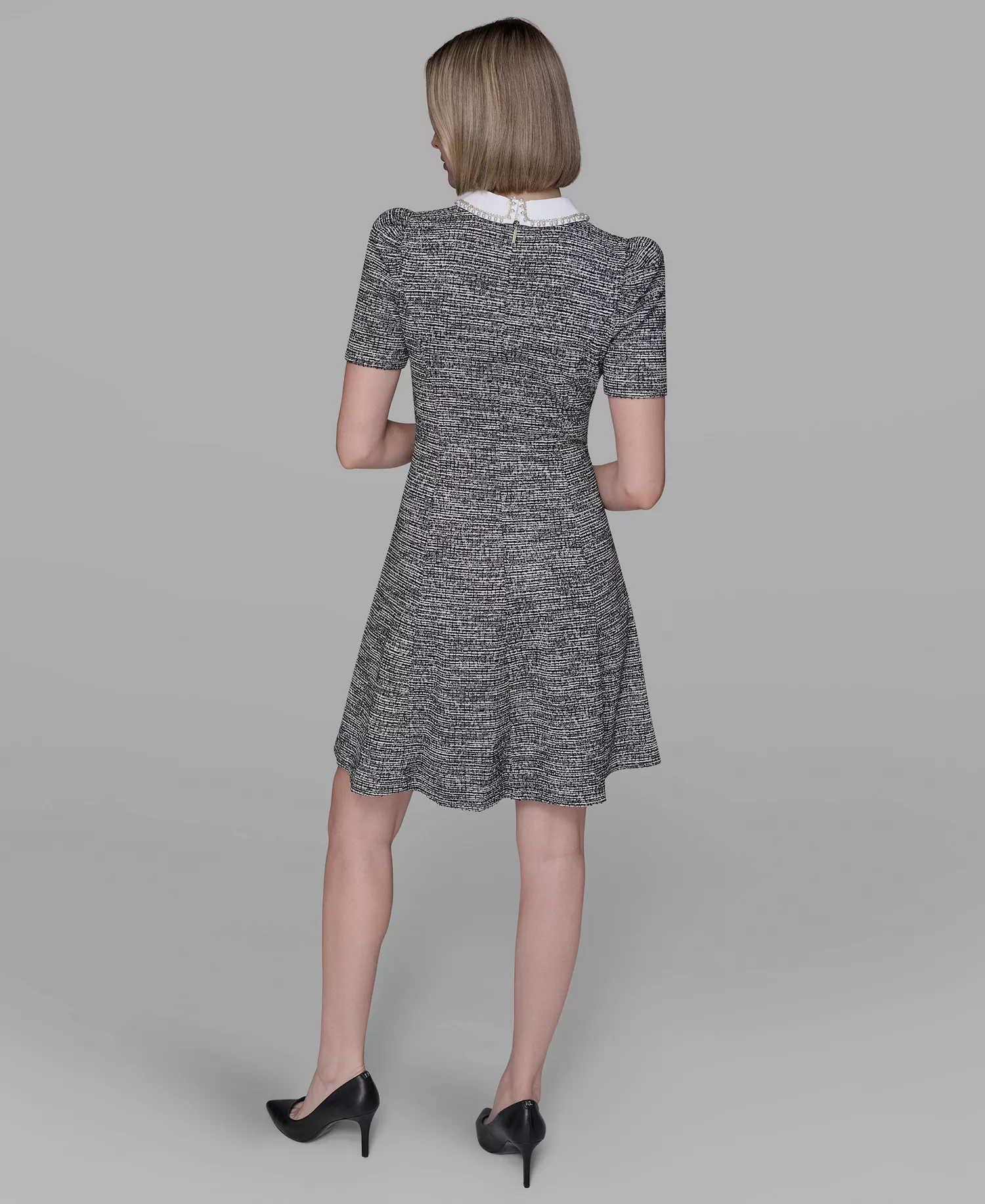 Women's Collared Tweed A-Line Dress - Soft White/Black - 10