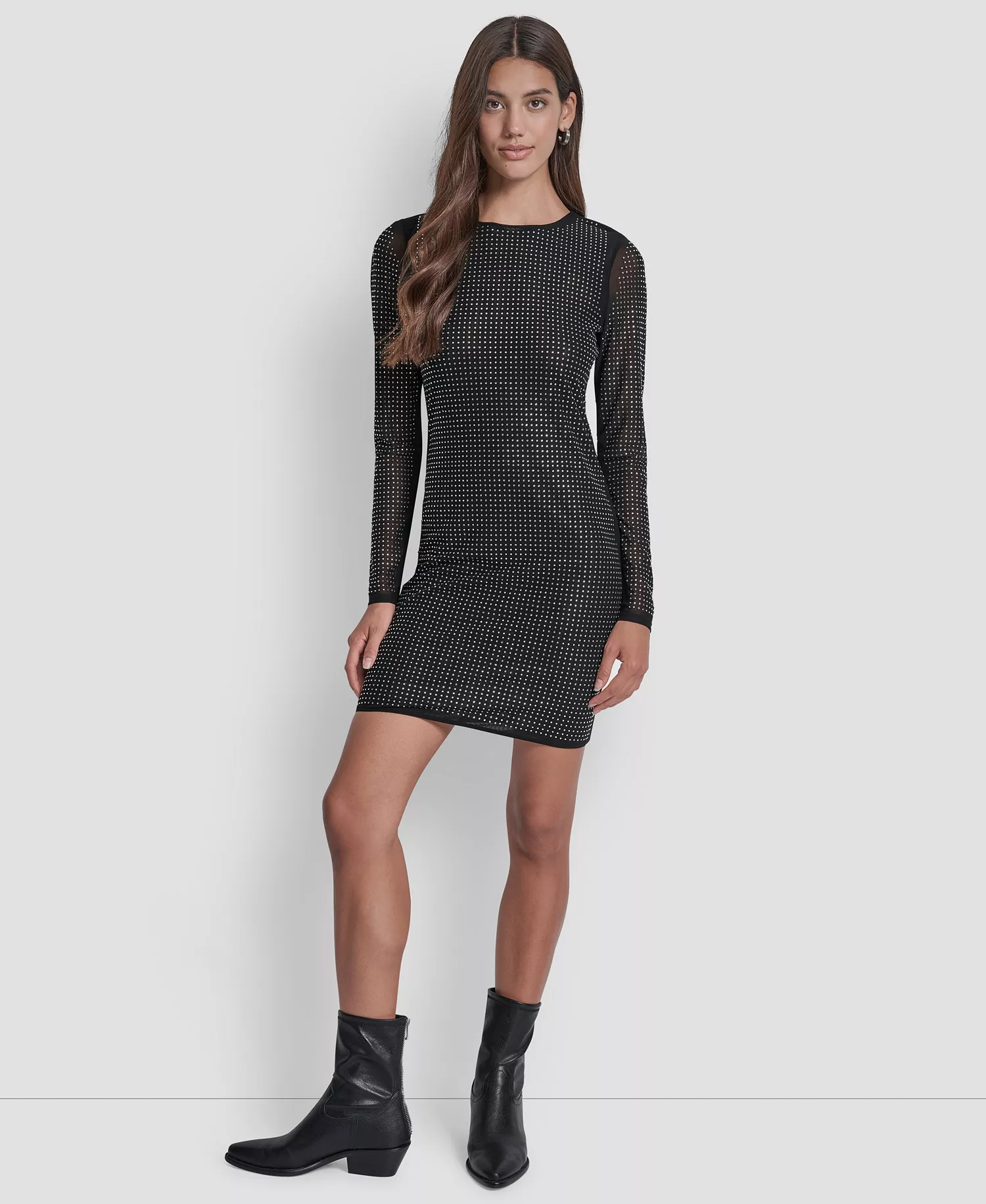 Women's Dome Studs Mesh Long Sleeve Dress - Black/Silver - L