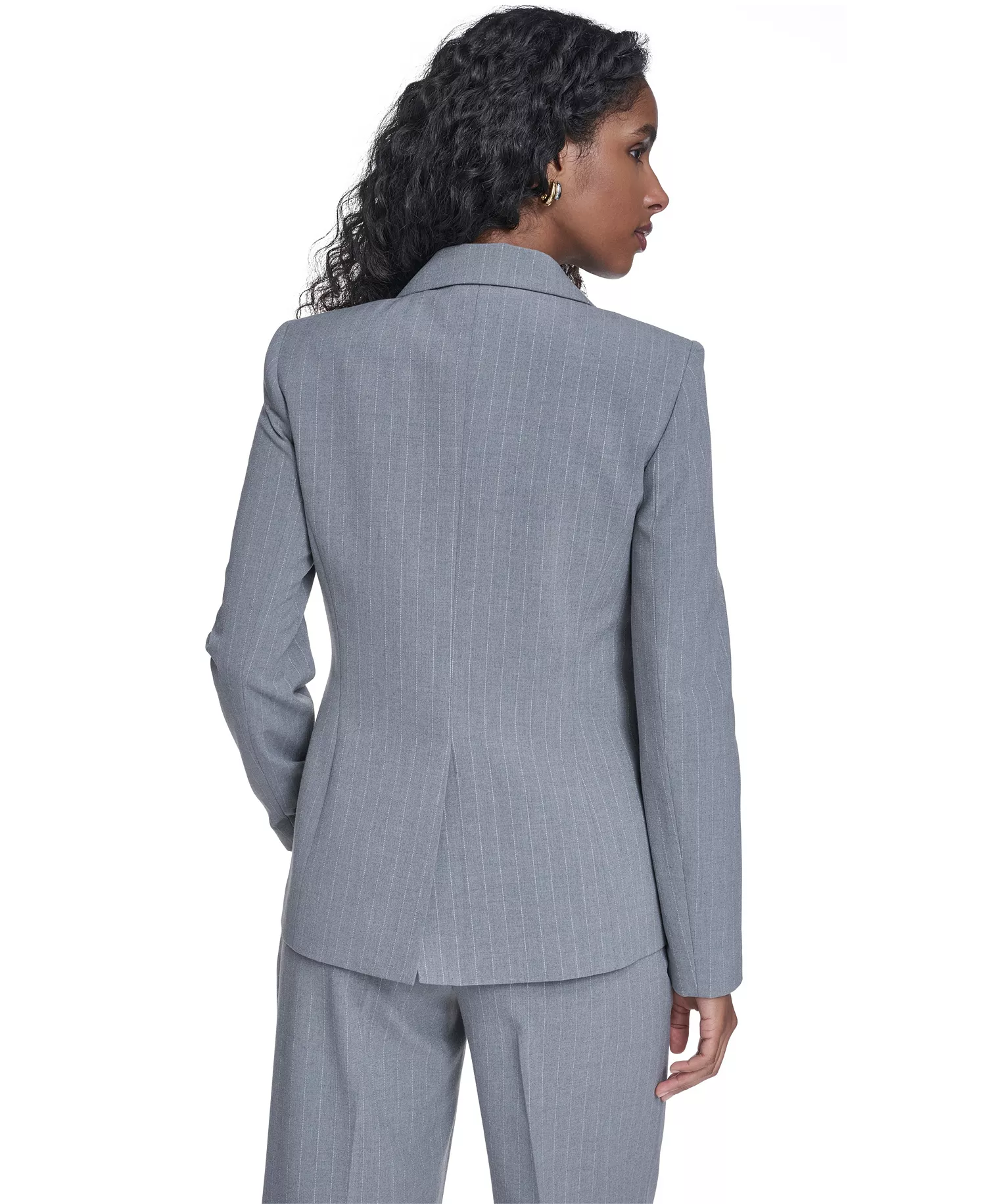 Women's Classic Buttoned Blazer, Pinstripe Vest Top, and Mid-Rise Pants - Heather Charcoal/cream - 10