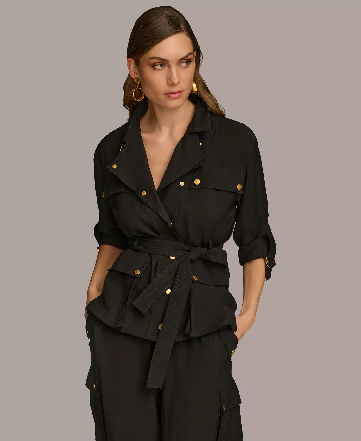 Women's Belted Utility Jacket - Black - L