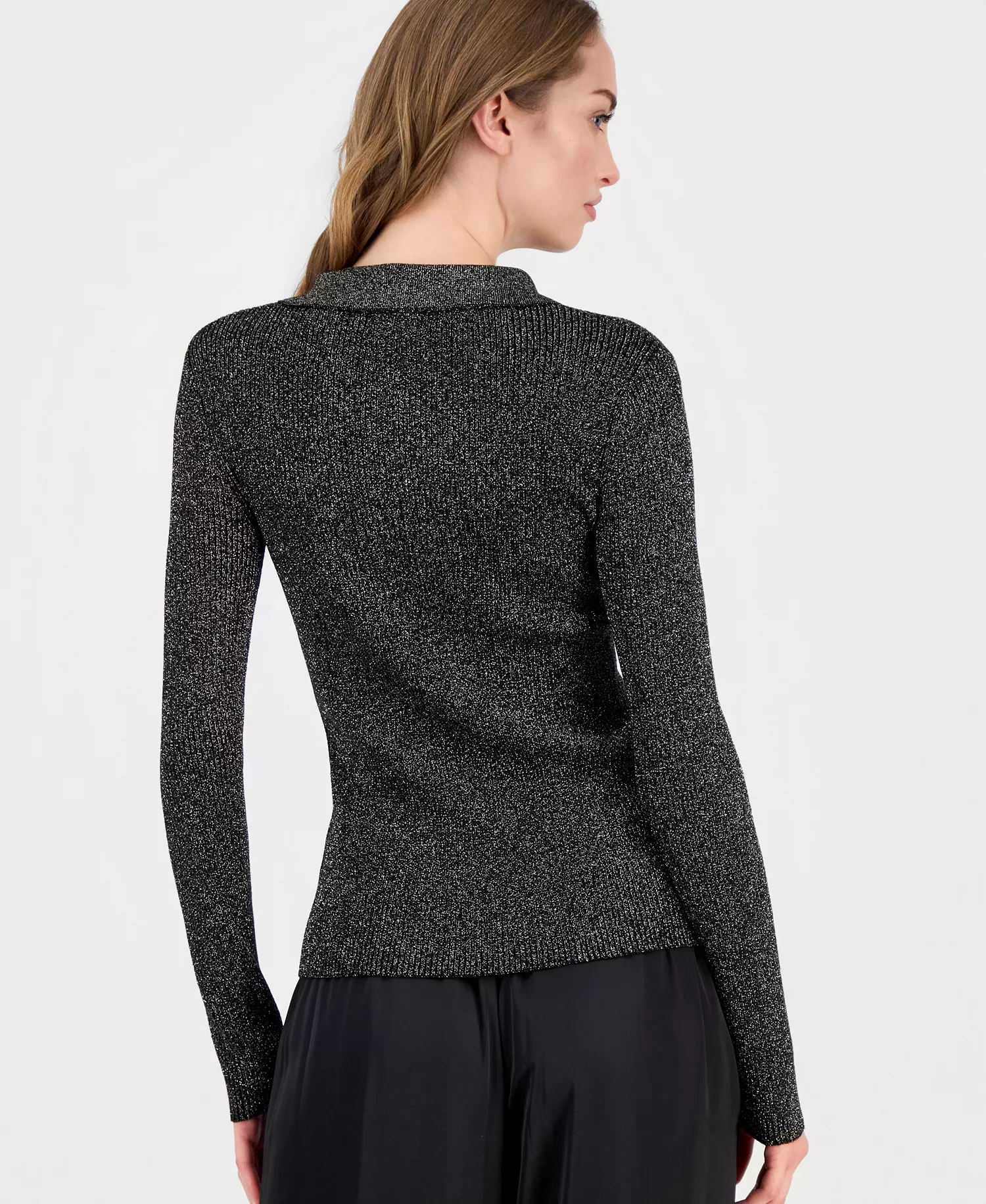 Women's Collared Ribbed Metallic Top - Black Lurex - L