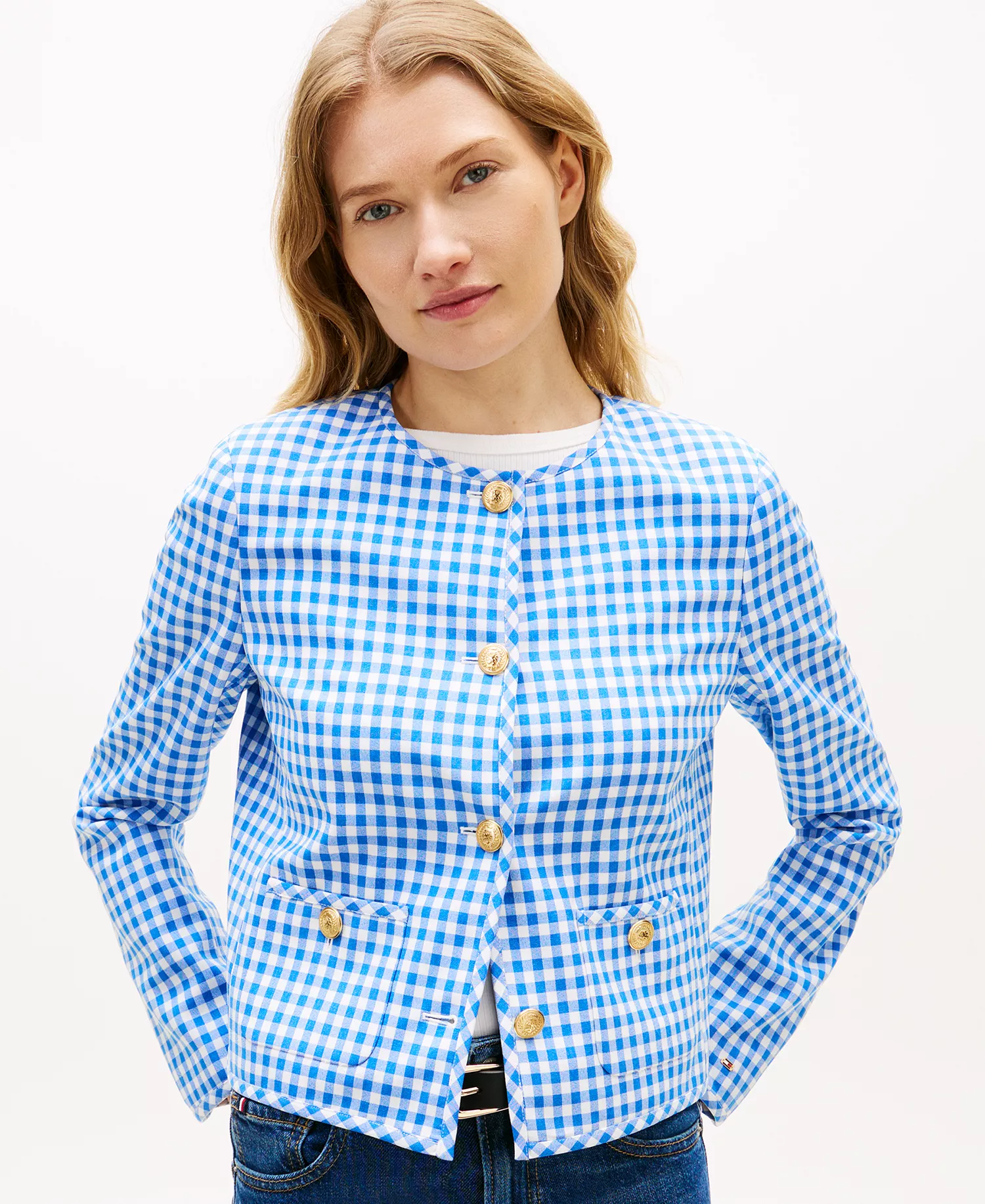 Women's Gingham Crewneck Lady Jacket - Blue - 10