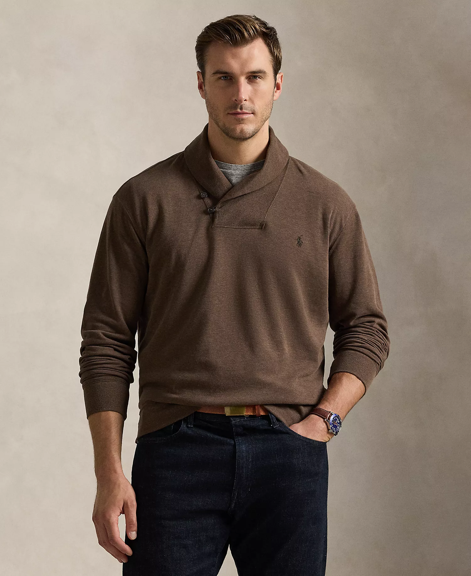 Men's Big & Tall Luxury Jersey Shawl-Collar Pullover Sweater - Nutmeg Brown Heather - 2LT