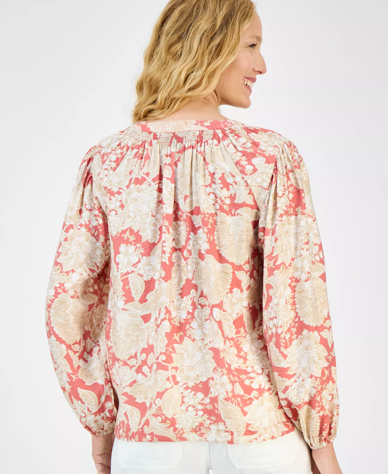 Nautica Women's Long Sleeve Floral Tunic Top  - Mineral Red Multi - XS